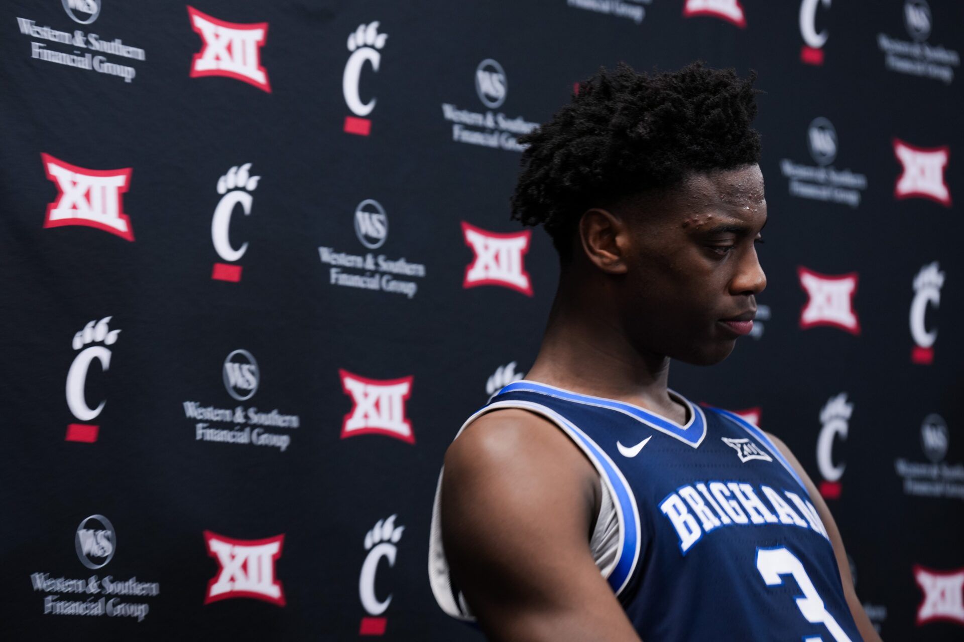 BYU Cougars forward AJ Dybantsa waits to answer media questions after his team’s game against the Cincinnati Bearcats at Fifth Third Arena.