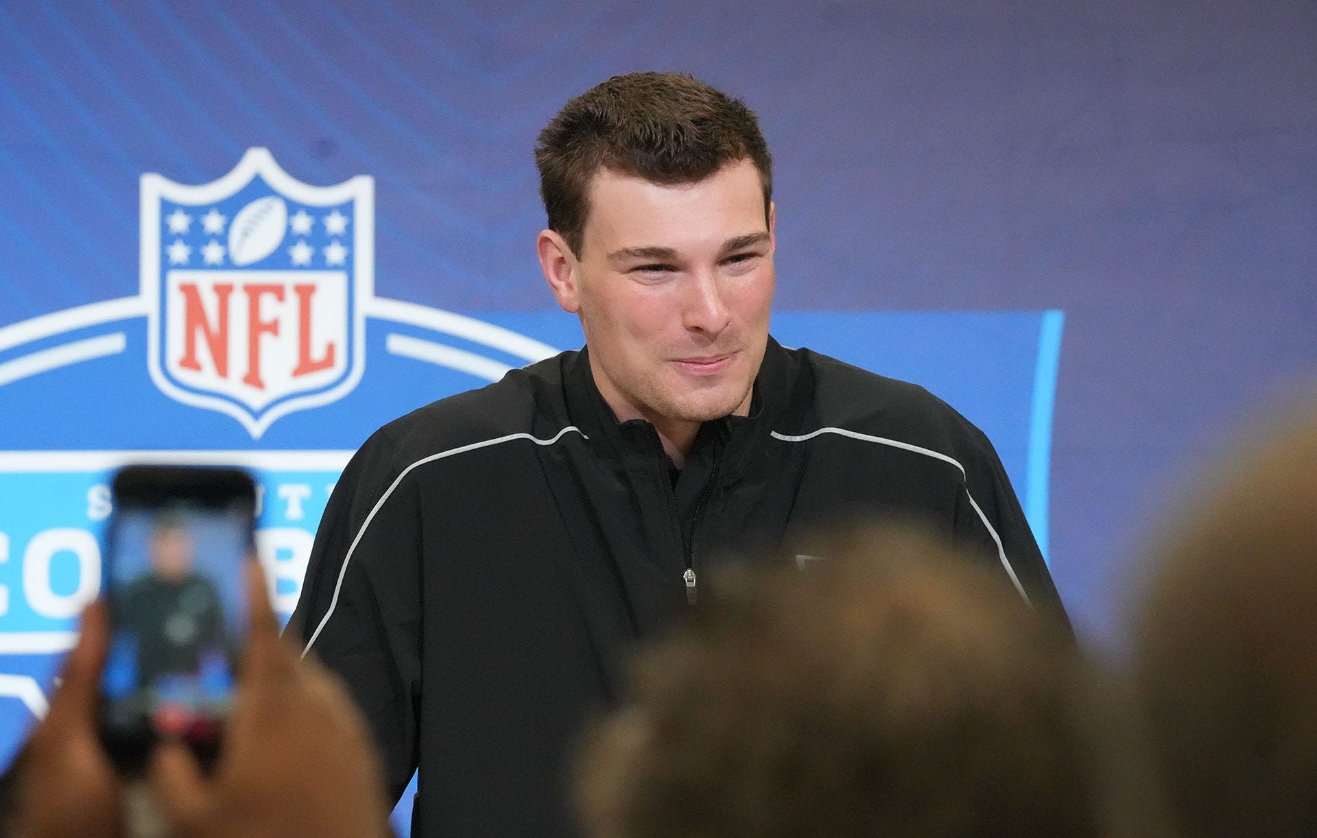 Indiana University quarterback Fernando Mendoza speaks to the media at the 2026 NFL Combine.