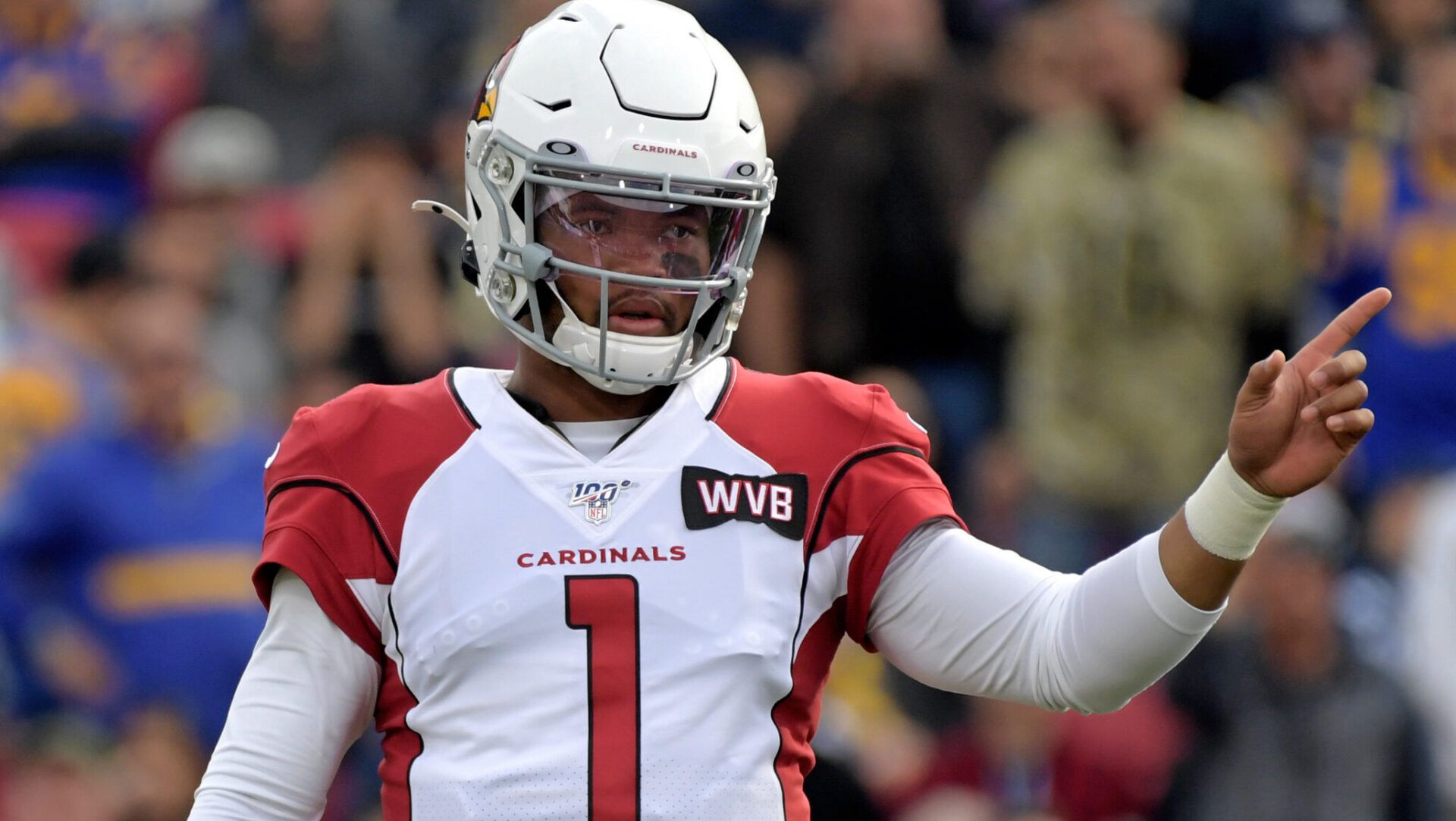 Arizona Cardinals quarterback Kyler Murray (1) reacts near the line of scrimmage against the Los Angeles Rams during the second quarter in the final Rams home game at Los Angeles Memorial Coliseum before moving to SoFi Stadium for the 2020 season.