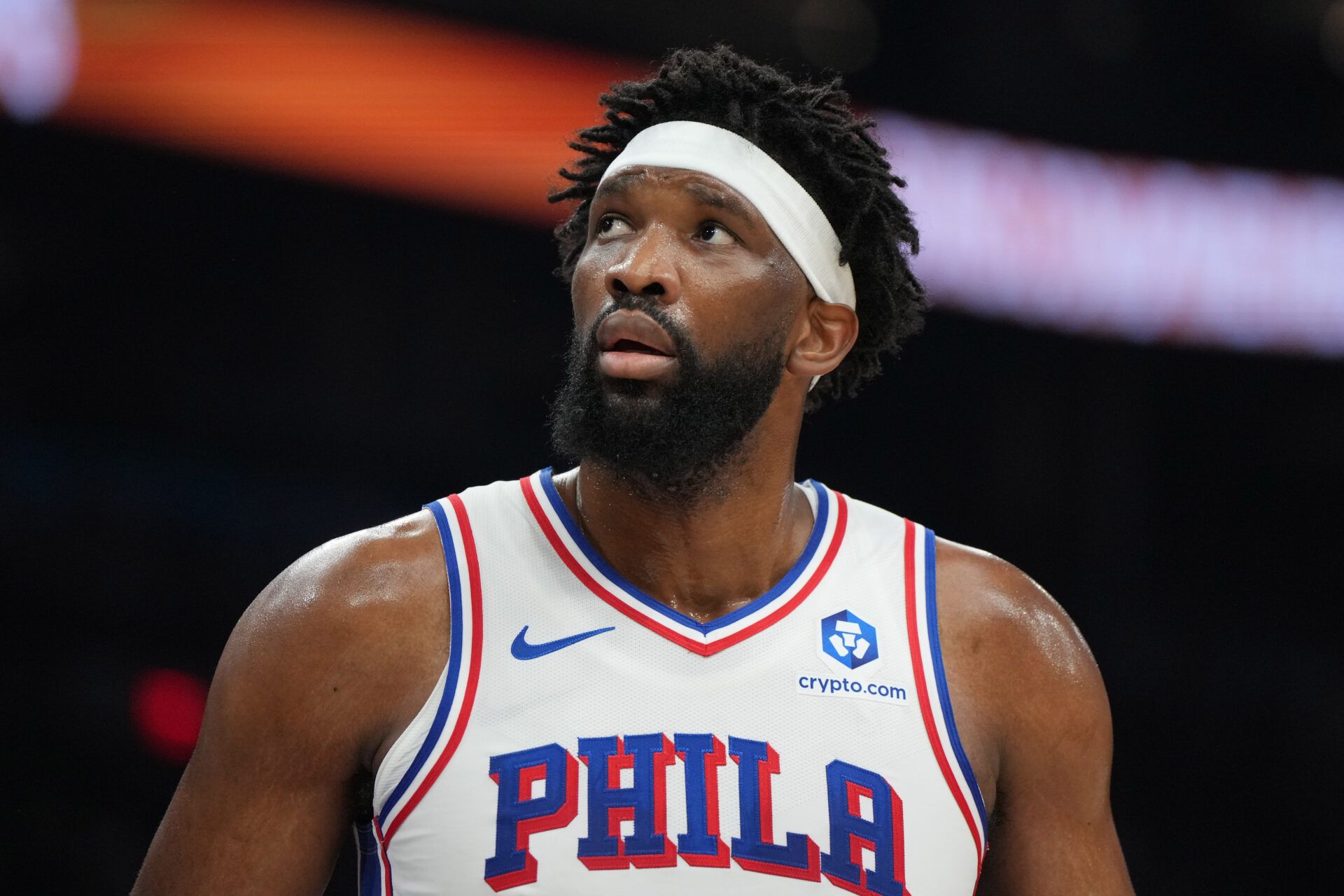 Philadelphia 76ers center Joel Embiid (21) reacts against the Phoenix Suns during the first half of an NBA game at Mortgage Matchup Center.