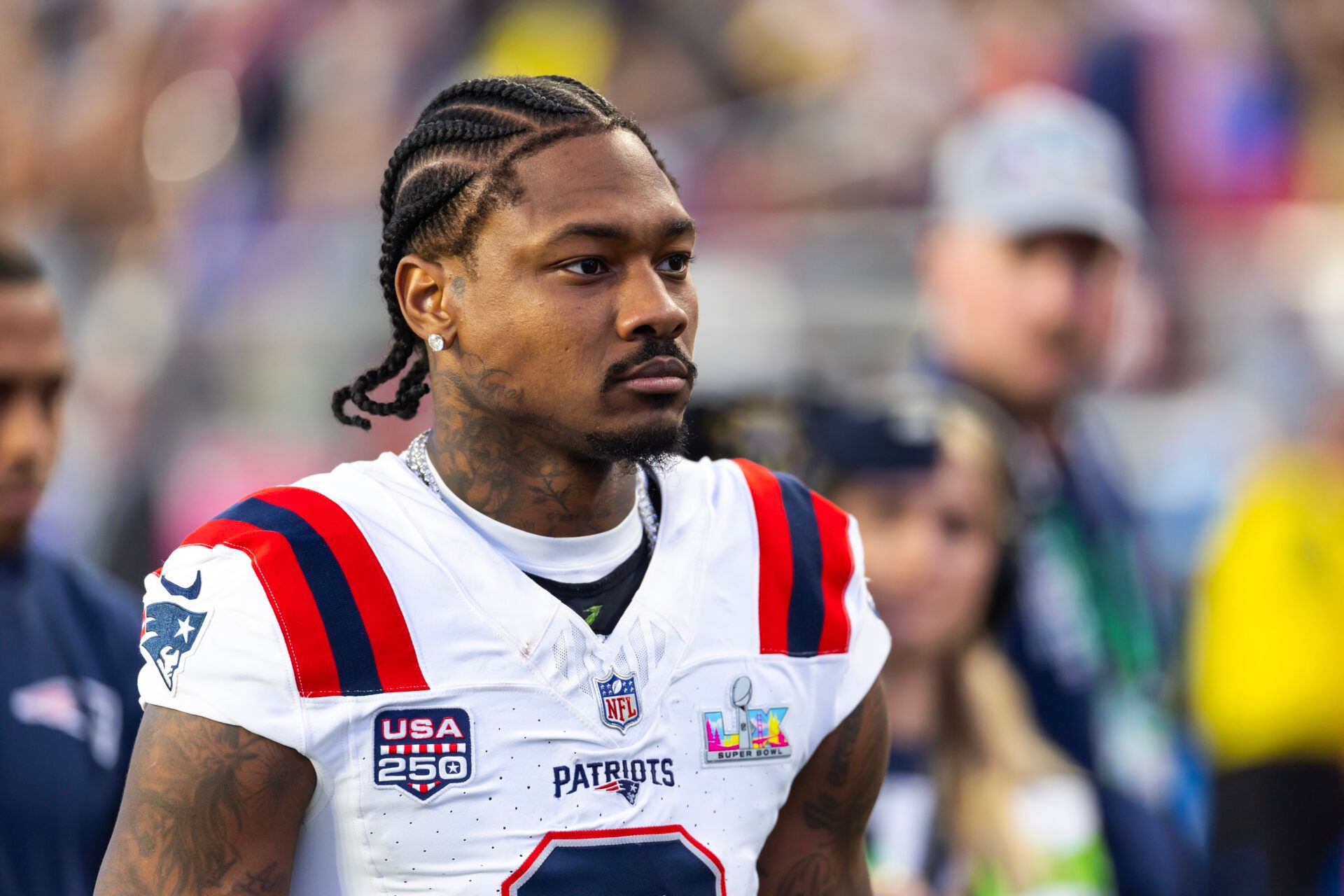 New England Patriots wide receiver Stefon Diggs (8) against the Seattle Seahawks during Super Bowl LX at Levi's Stadium.