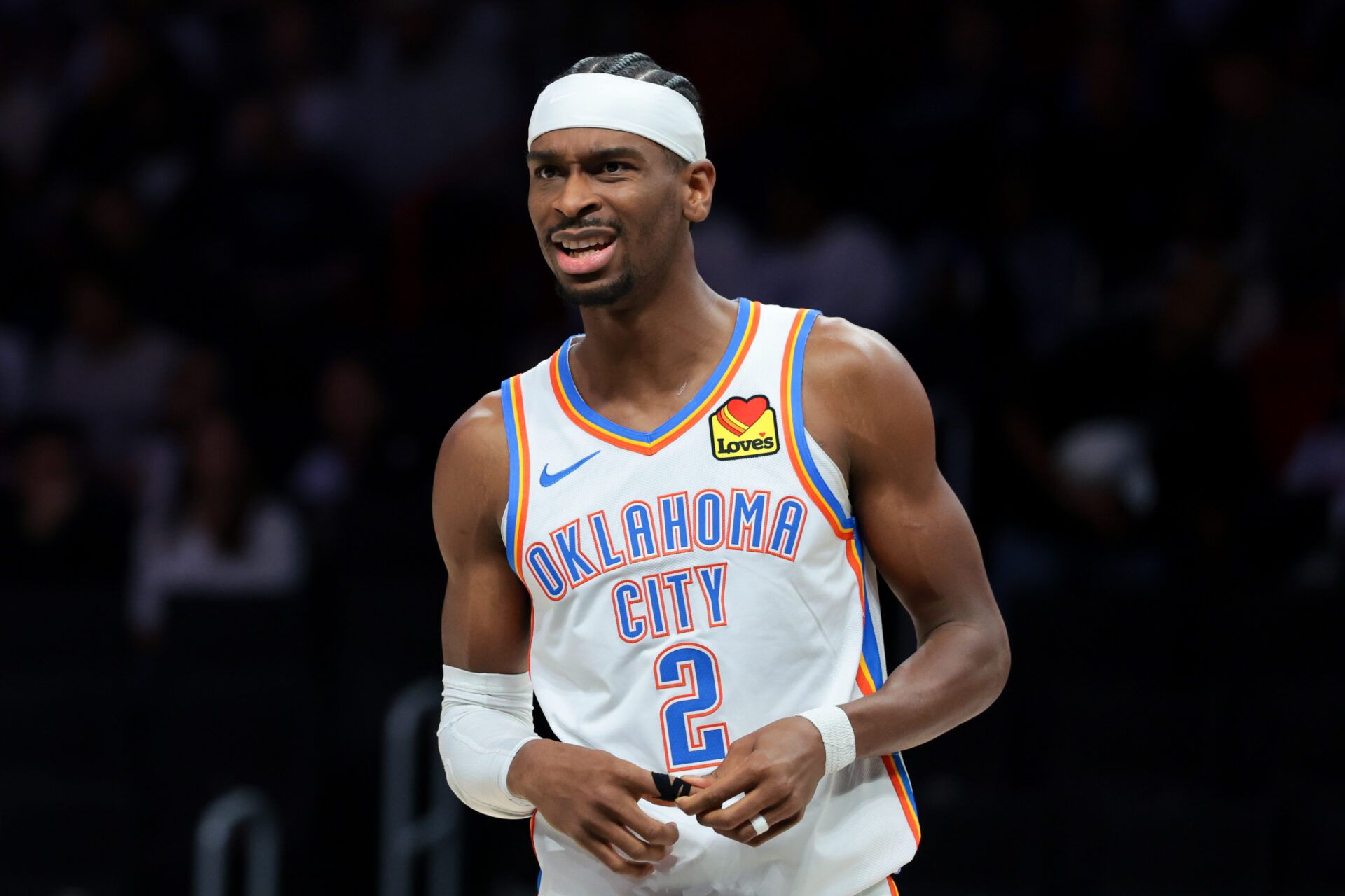 Oklahoma City Thunder guard Shai Gilgeous-Alexander (2) reacts against the Miami Heat during the first quarter at Kaseya Center.