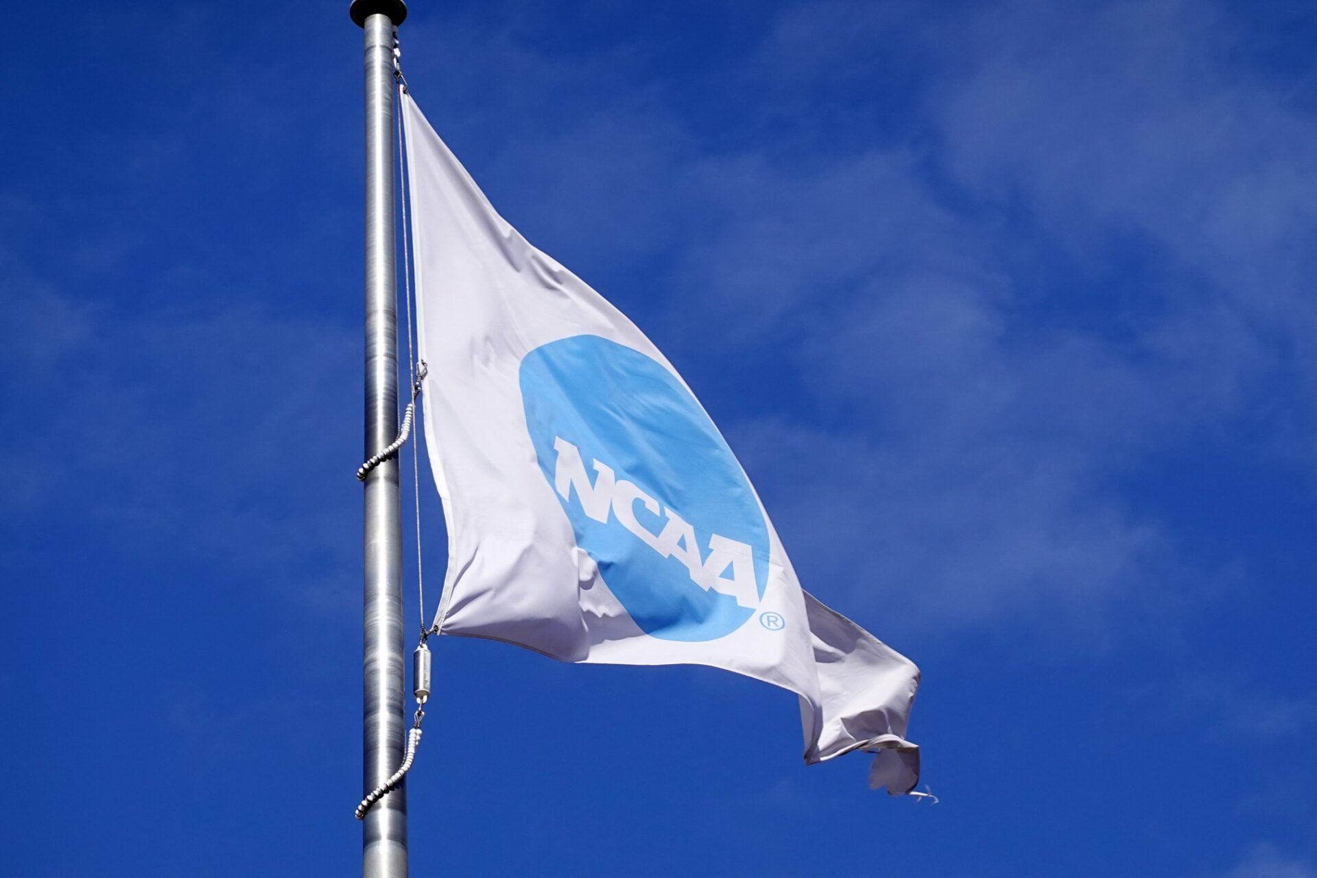 A NCAA logo flag at the Hall of Champions at the NCAA National Office.