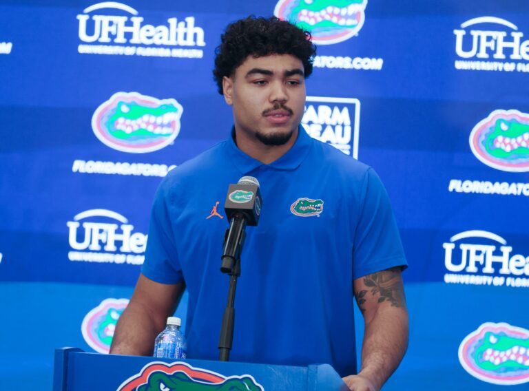 Florida Jayden Woods speaks during the press conf after the first day of Florida Spring football practice at Heavener Football Center in Gainesville, FL on Tuesday, March 3, 2026. [Alan Youngblood/Gainesville Sun]