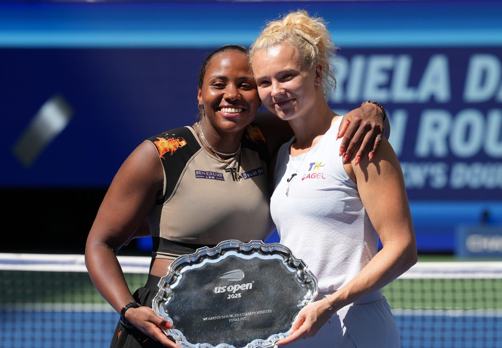 Katerina Siniakova (CZE) (right) and Taylor Townsend (USA) after losing to Erin Routliffe (NZE) and Gabriela Dabrowski (CAN) on day thirteen of the 2025 U.S. Open tennis tournament at the USTA Billie Jean King National Tennis Center.