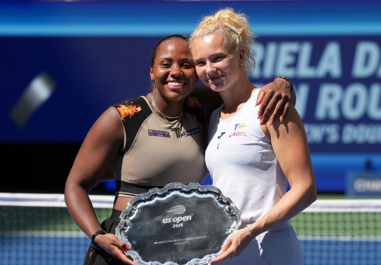 Katerina Siniakova (CZE) (right) and Taylor Townsend (USA) after losing to Erin Routliffe (NZE) and Gabriela Dabrowski (CAN) on day thirteen of the 2025 U.S. Open tennis tournament at the USTA Billie Jean King National Tennis Center.