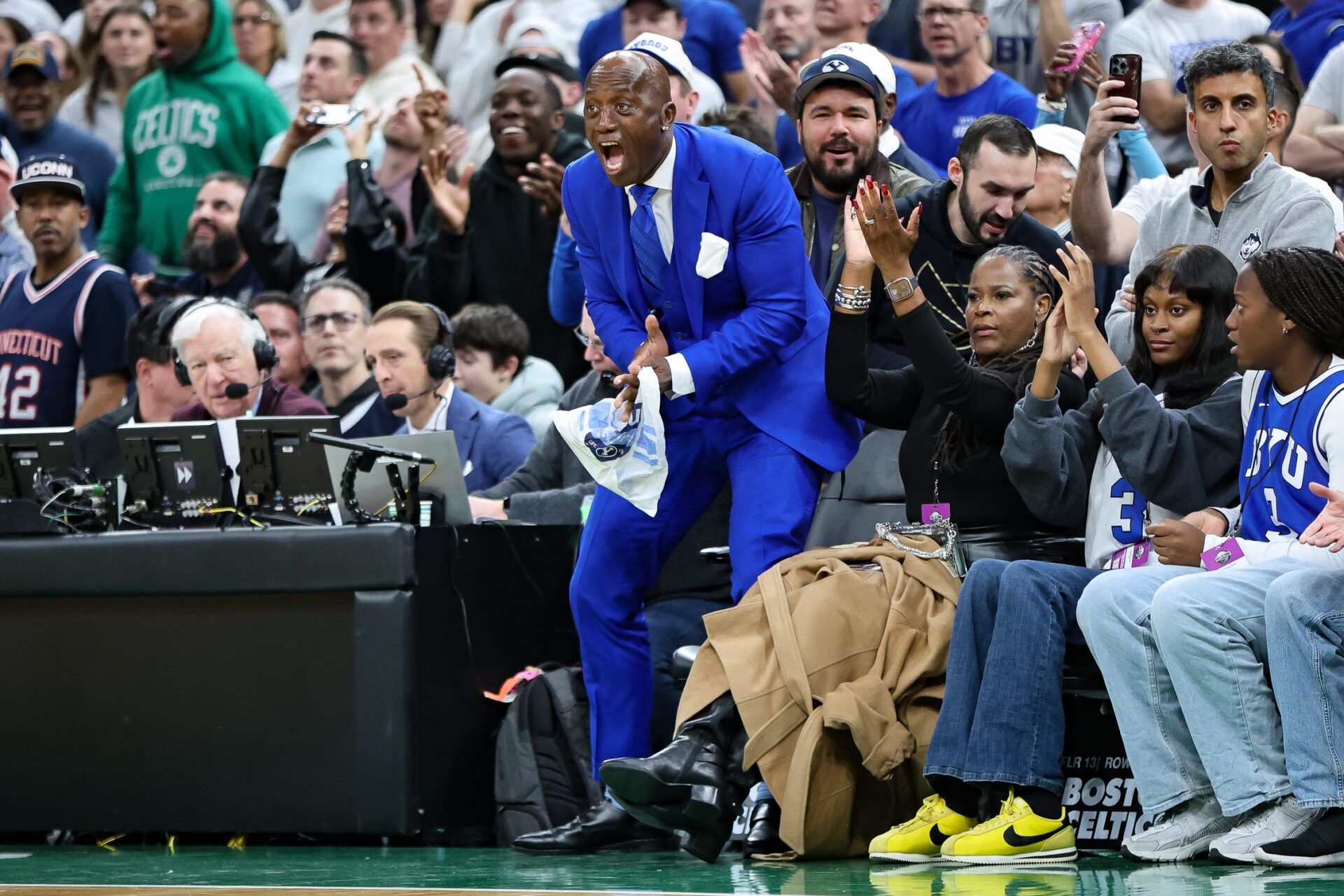 Ace Dybantsa, father of BYU's AJ Dybantsa, cheers during a game vs. UConn at TD Garden in Boston, Massachusetts on Saturday, Nov. 15, 2025.