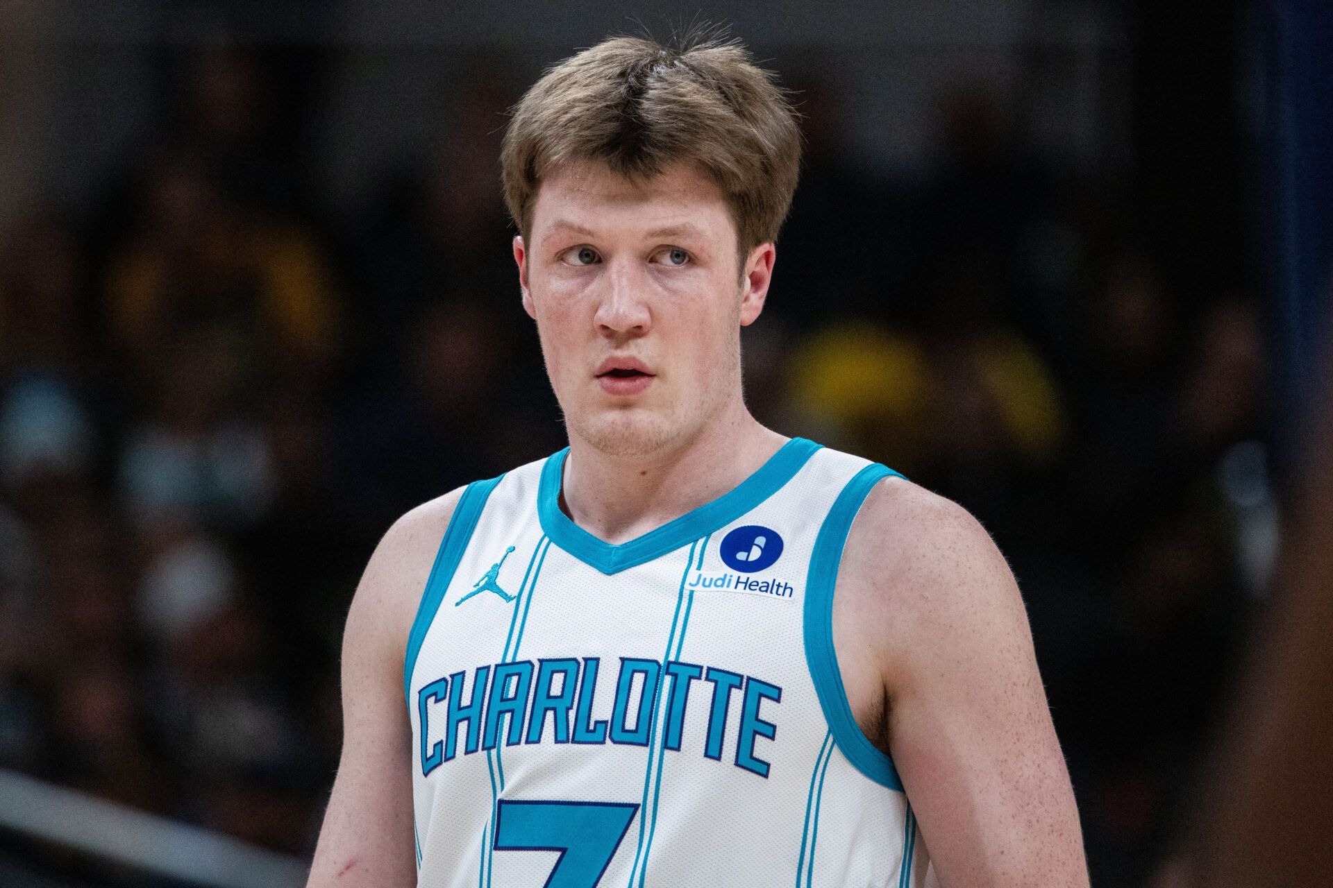 Charlotte Hornets guard Kon Knueppel (7)  in the first half against the Indiana Pacers at Gainbridge Fieldhouse.