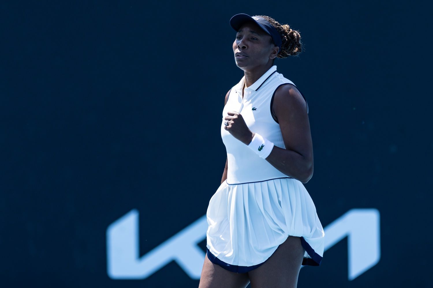 Venus Williams of United States and Ekaterina Alexandrova in action against Emiliana Arango of Colombia and Elsa Jacquemot of France in the first round of the womens doubles at the Australian Open at Melbourne Park.
