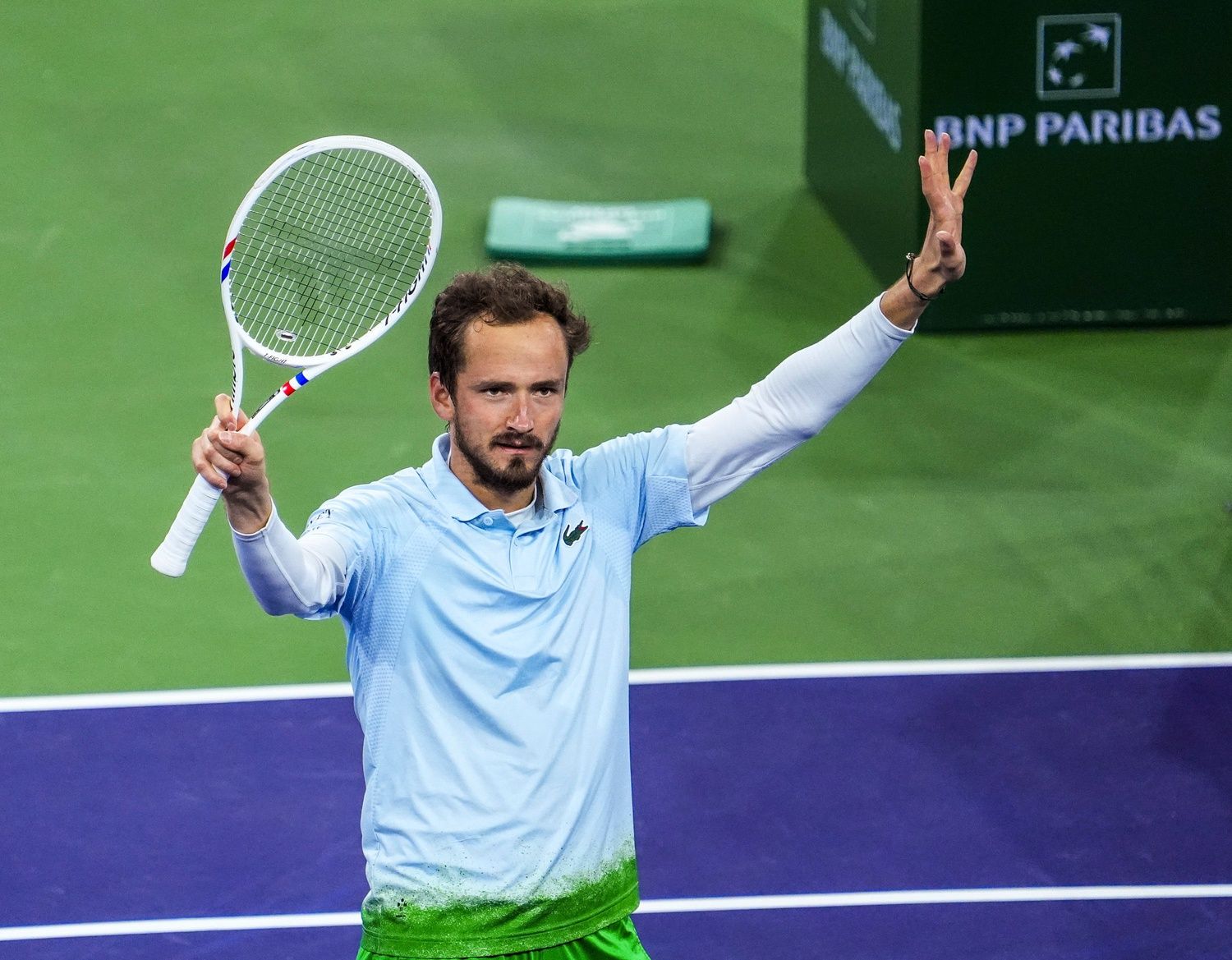 Daniil Medvedev celebrates a win over Yunchaokete Bu in the second round of the BNP Paribas Open in Indian Wells, Calif., Friday, March 7, 2025.