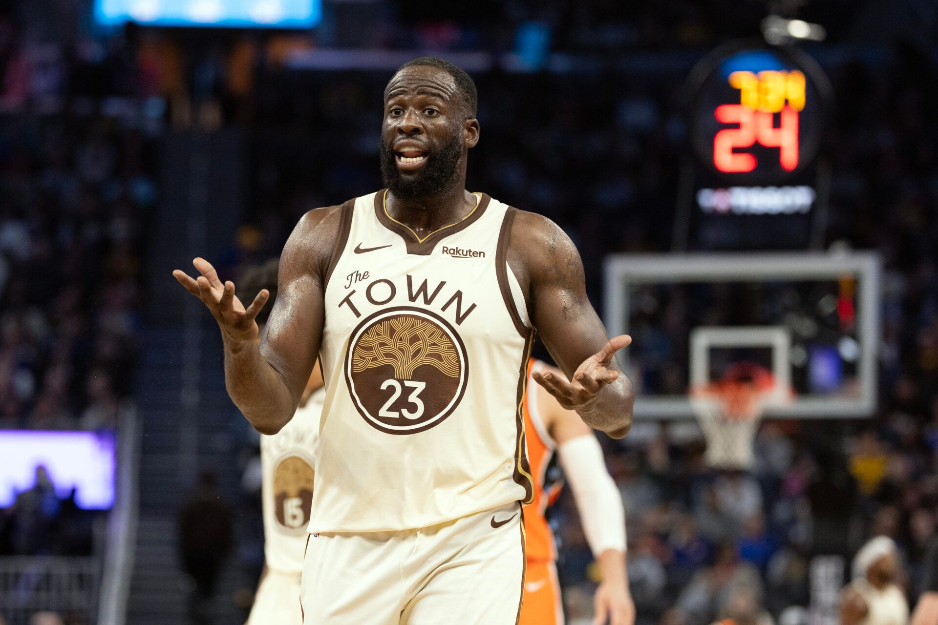Golden State Warriors forward Draymond Green (23) complains about an official’s non-call during the third quarter against the Los Angeles Clippers at Chase Center.