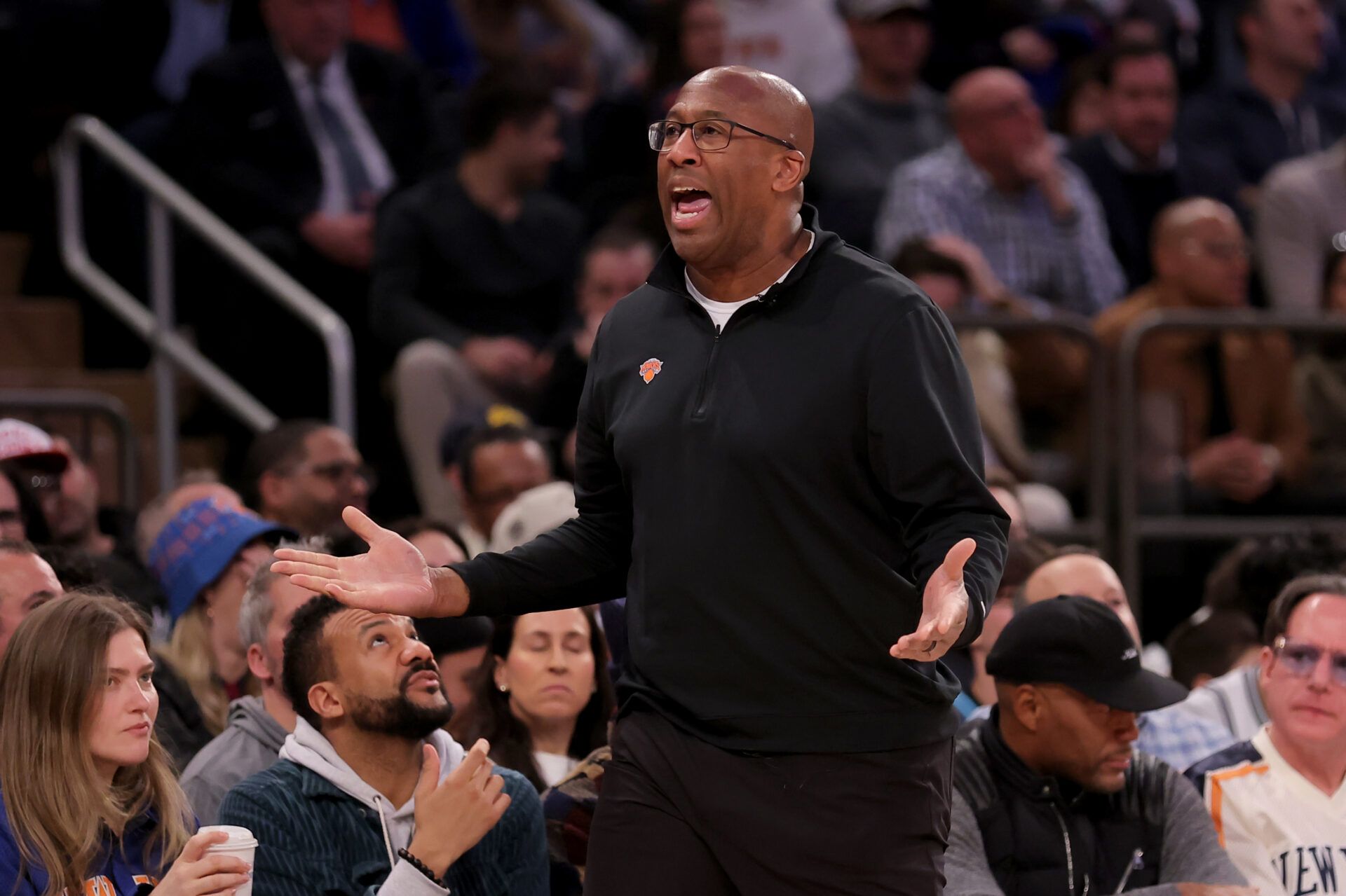 New York Knicks head coach Mike Brown reacts as he coaches against the San Antonio Spurs during the third quarter at Madison Square Garden.