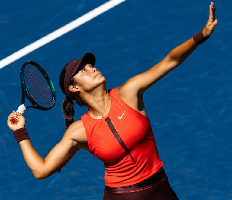 Emma Raducanu of United Kingdom serves against Janice Tjen of Indonesia in the second round of the womens singles at the US Open at Louis Armstrong Stadium in Billie Jean King National Tennis Center.