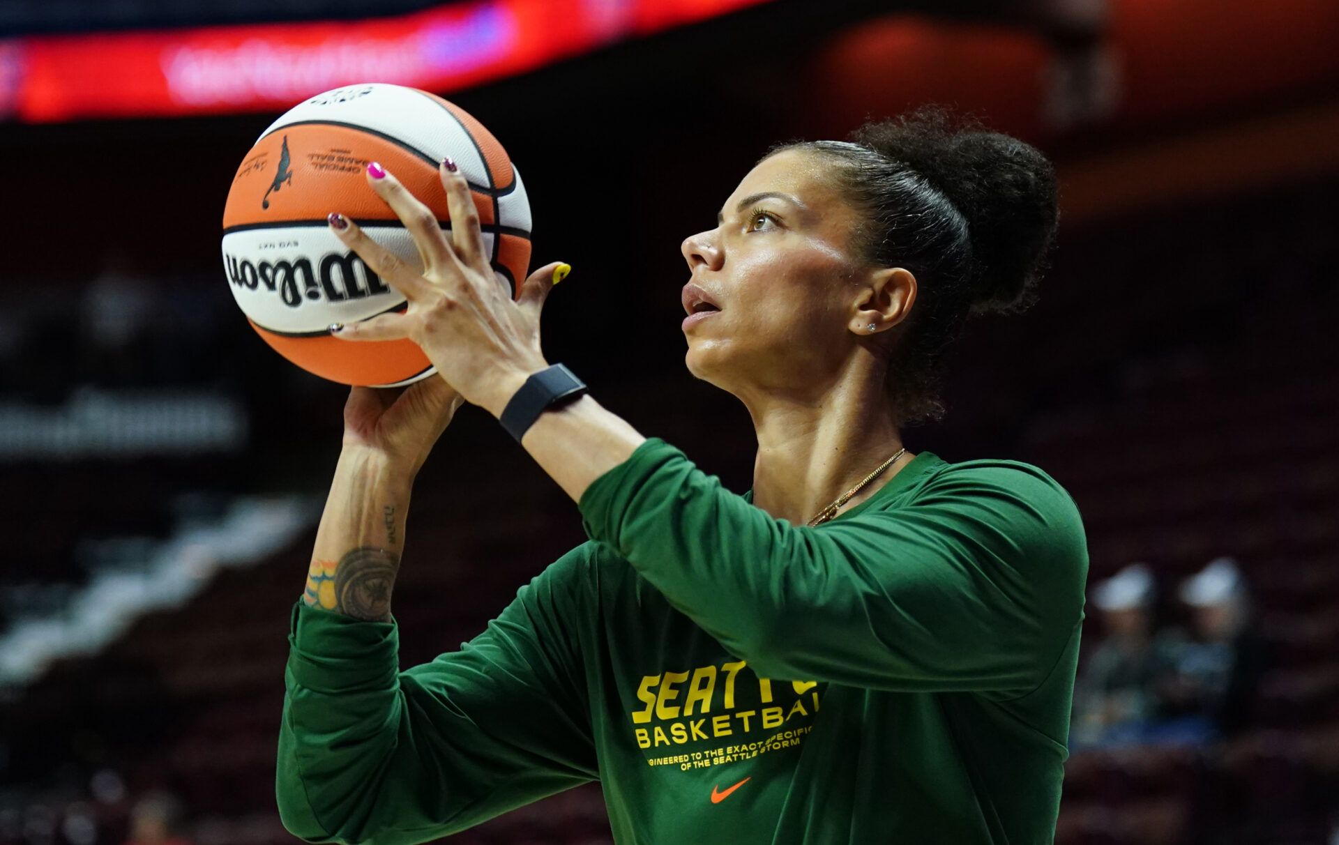 Seattle Storm forward Alysha Clark (32) warms up before the start of the game against the Connecticut Sun at Mohegan Sun Arena.