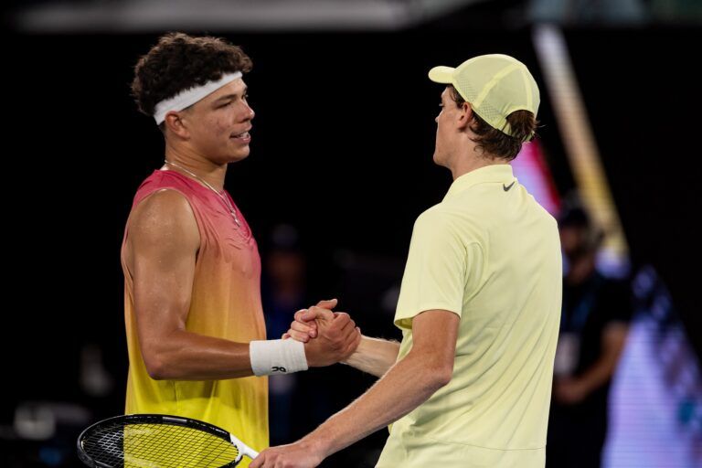 Jannik Sinner of Italy and Ben Shelton of United States of America shake hands after their match in the semifinals of the men's singles at the 2025 Australian Open at Melbourne Park.