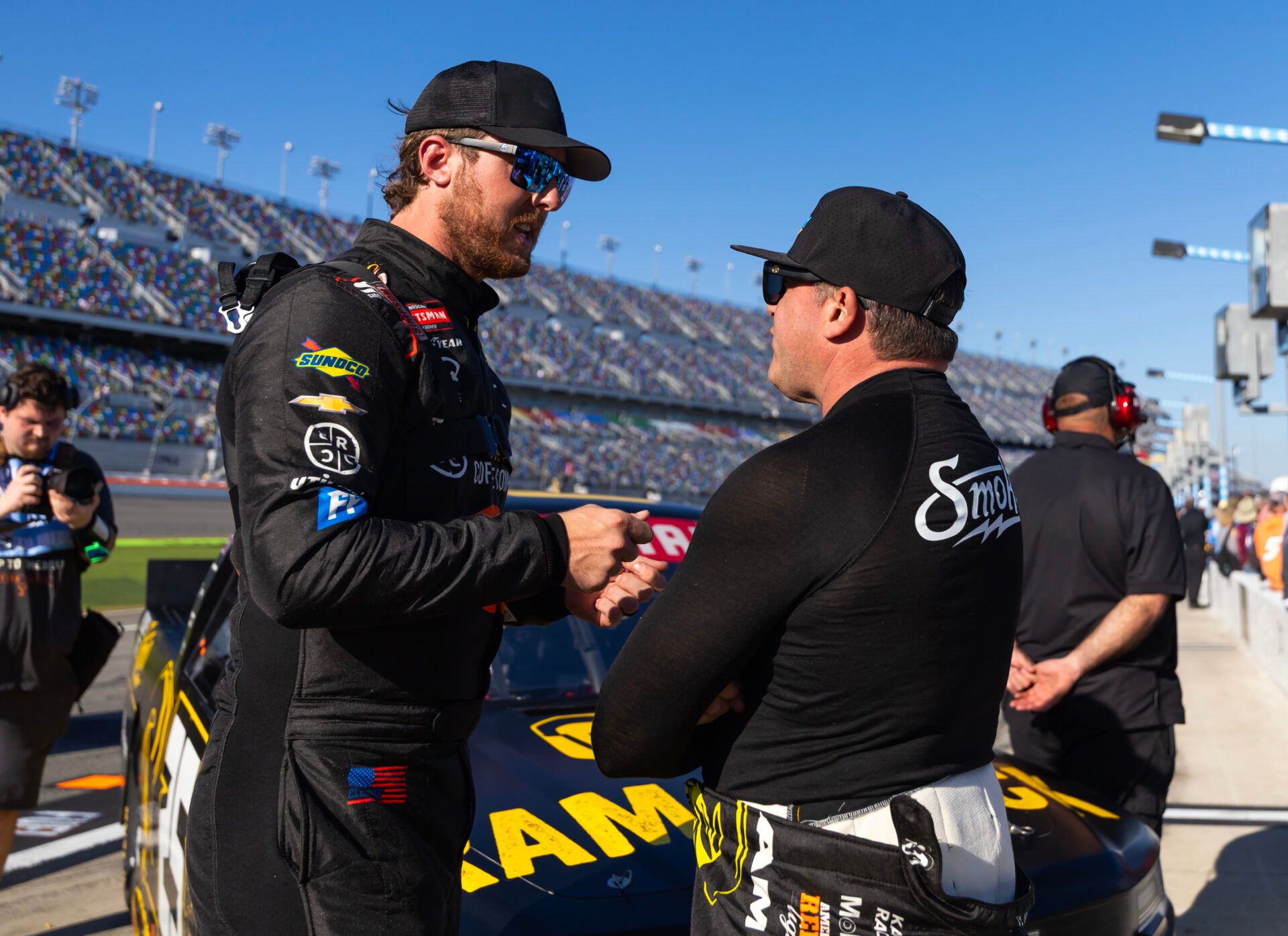 NASCAR Truck Series driver Tony Stewart (right) with Garrett Mitchell during qualifying for the Fresh from Florida 250 at Daytona International Speedway.