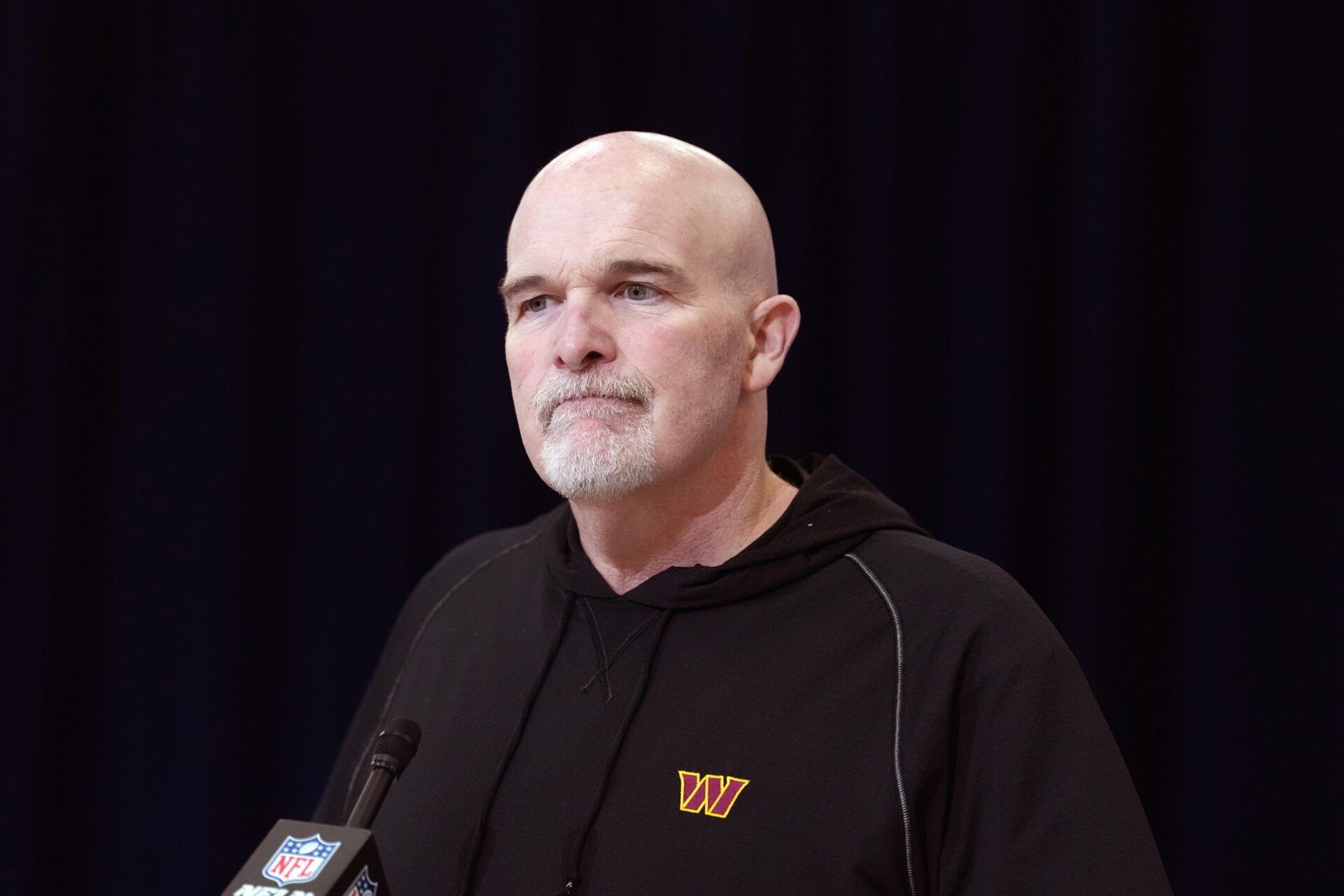 Washington Commanders coach Dan Quinn speaks at the NFL Scouting Combine at the Indiana Convention Center.