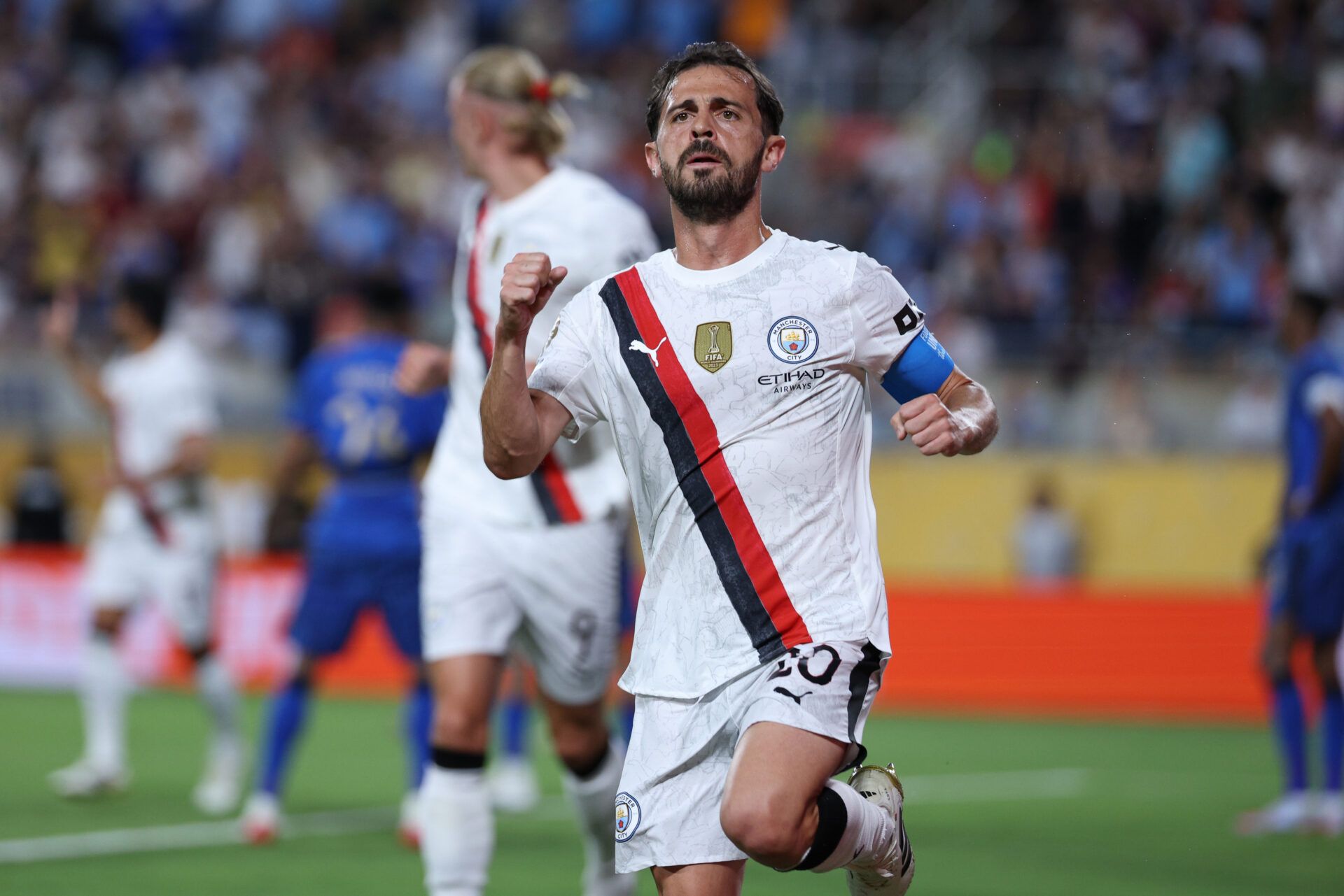Manchester City midfielder Bernardo Silva (20) celebrates after scoring in the first half against Al Hilal FC during a round of 16 match of the 2025 FIFA Club World Cup at Camping World Stadium.