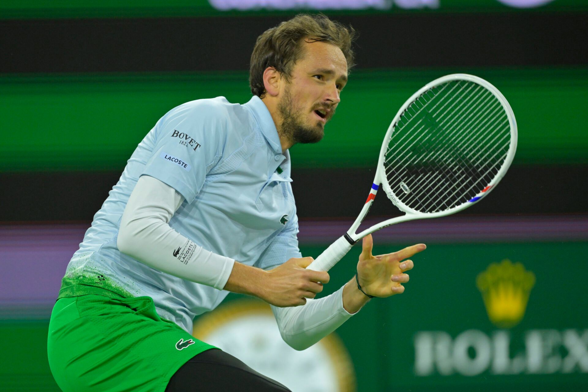 Daniil Medvedev (RUS) hits a shot as he defeated Yunchaokete Bu (not pictured) in his second round match during the BNP Paribas Open at the Indian Well Tennis Garden.