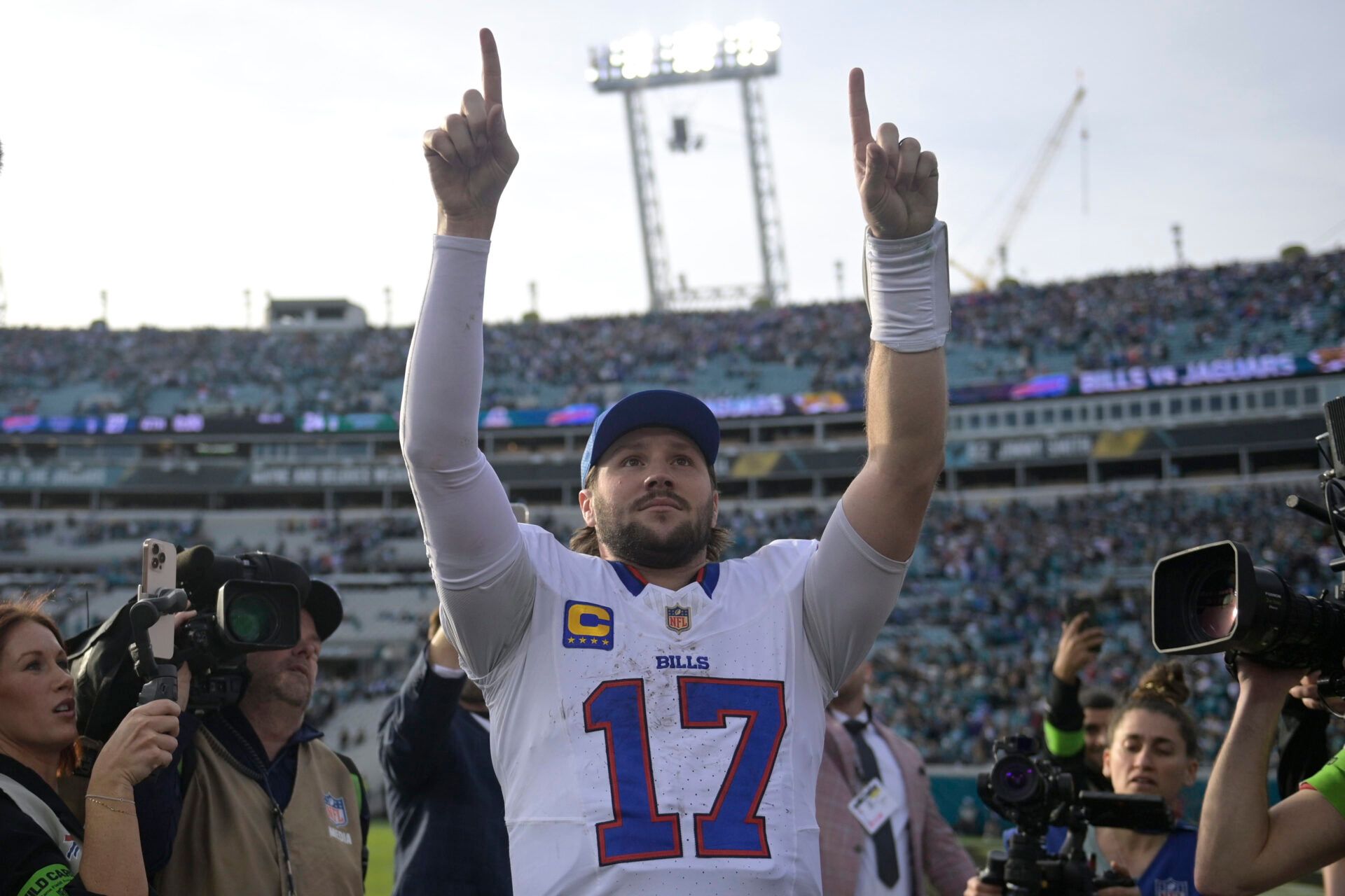 Buffalo Bills quarterback Josh Allen (17) after an AFC Wild Card Round game against the Jacksonville Jaguars at EverBank Stadium.