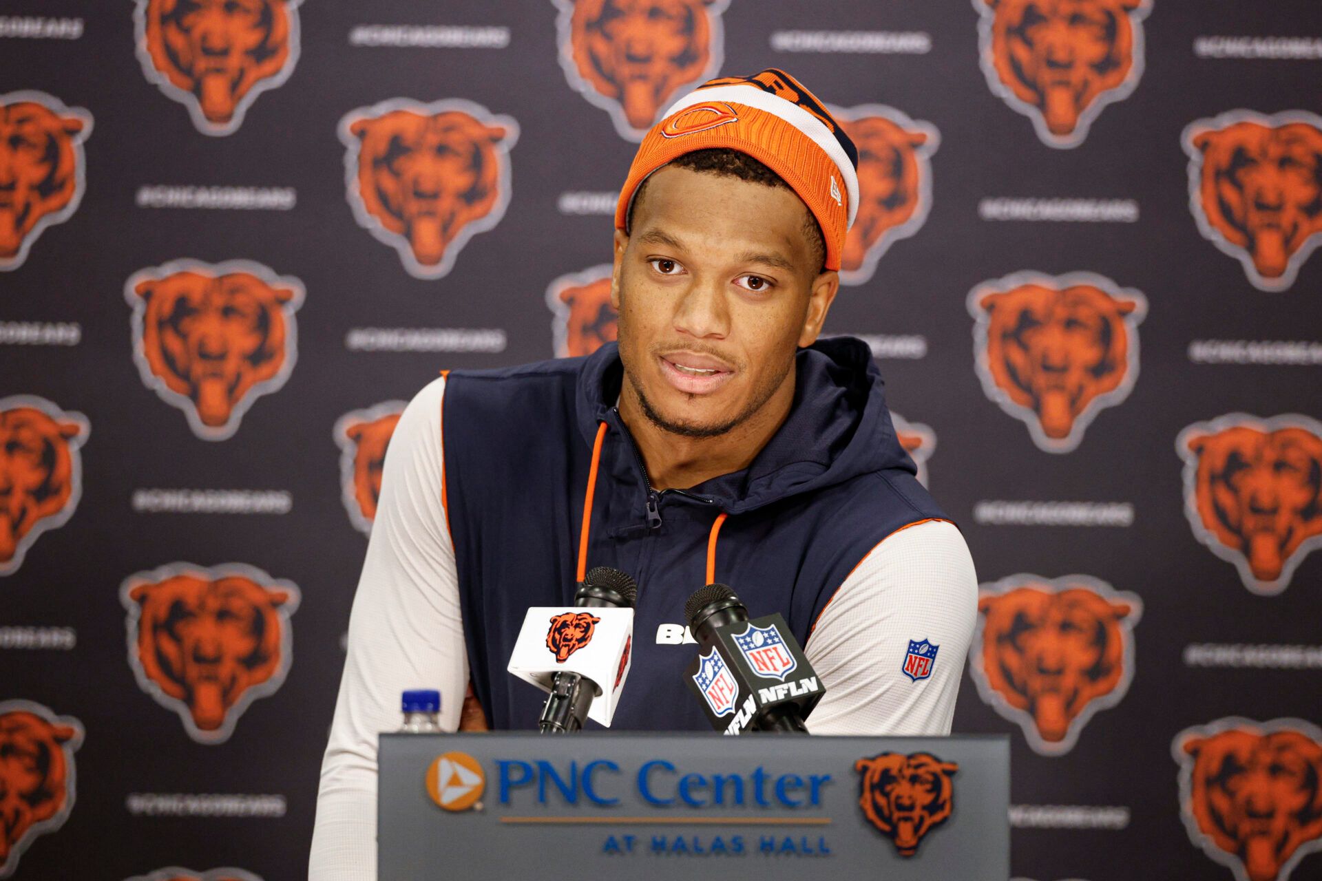 Chicago Bears wide receiver DJ Moore (2) speaks during minicamp at Halas Hall.