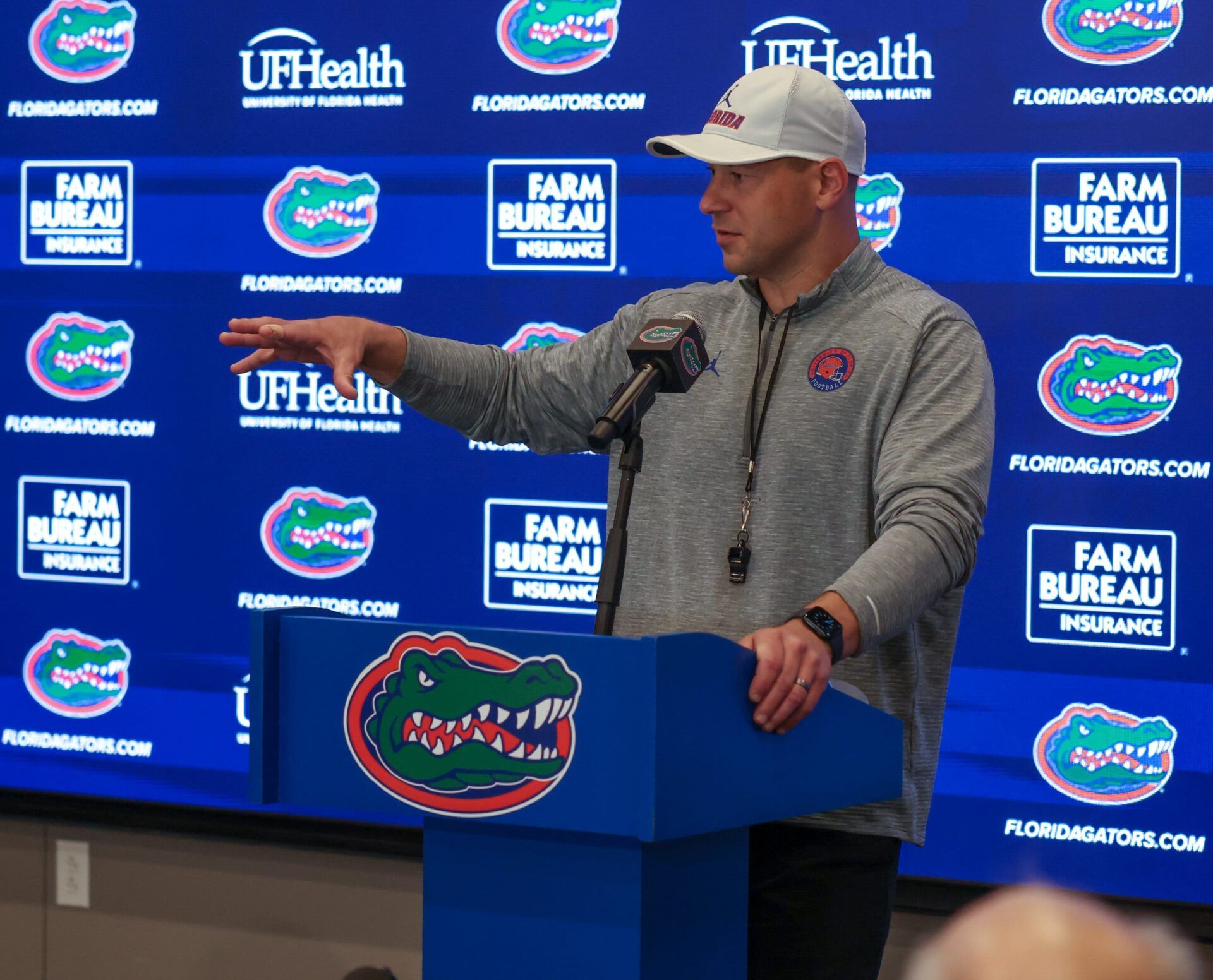 Florida head coach Jon Sumrall speaks during a press conference after the first day of Florida Spring football practice at Heavener Football Center in Gainesville, FL on Tuesday, March 3, 2026. [Alan Youngblood/Gainesville Sun]