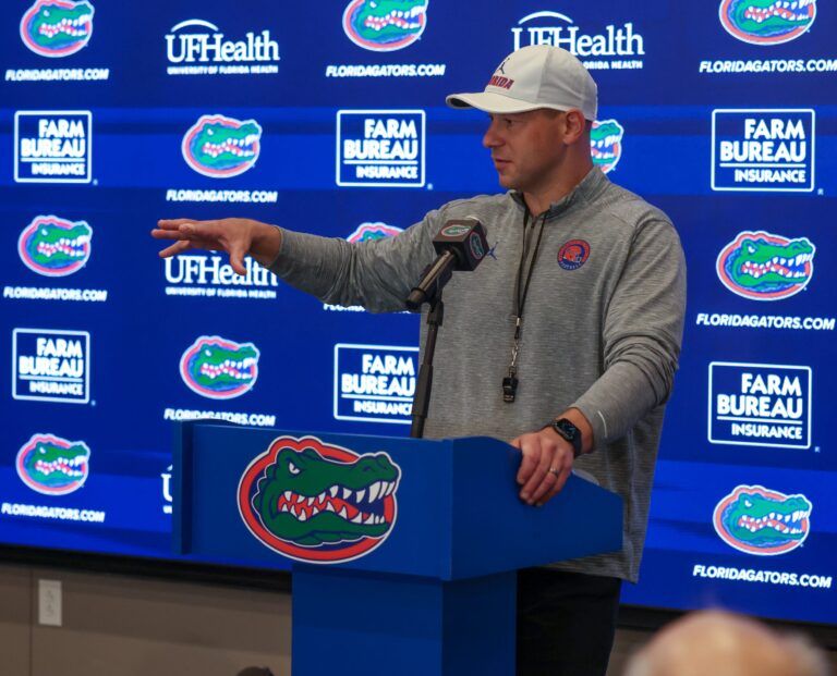 Florida head coach Jon Sumrall speaks during a press conference after the first day of Florida Spring football practice at Heavener Football Center in Gainesville, FL on Tuesday, March 3, 2026. [Alan Youngblood/Gainesville Sun]