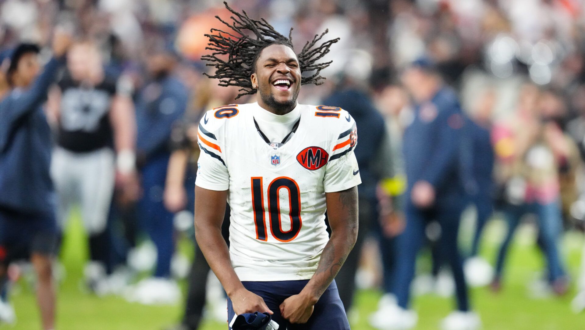 Chicago Bears wide receiver Luther Burden III (10) celebrates after the game against the Las Vegas Raiders at Allegiant Stadium.