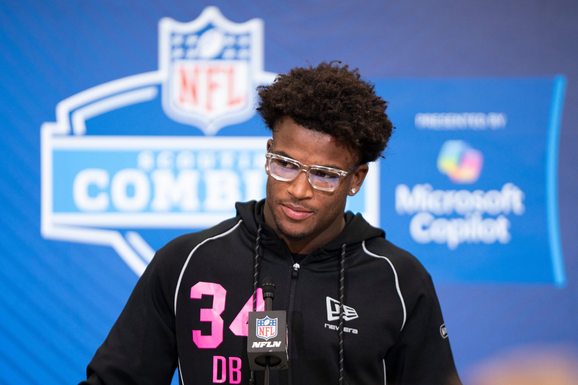 Ohio State defensive back Caleb Downs (DB34) speaks to members of the media during the NFL Combine at the Indiana Convention Center.