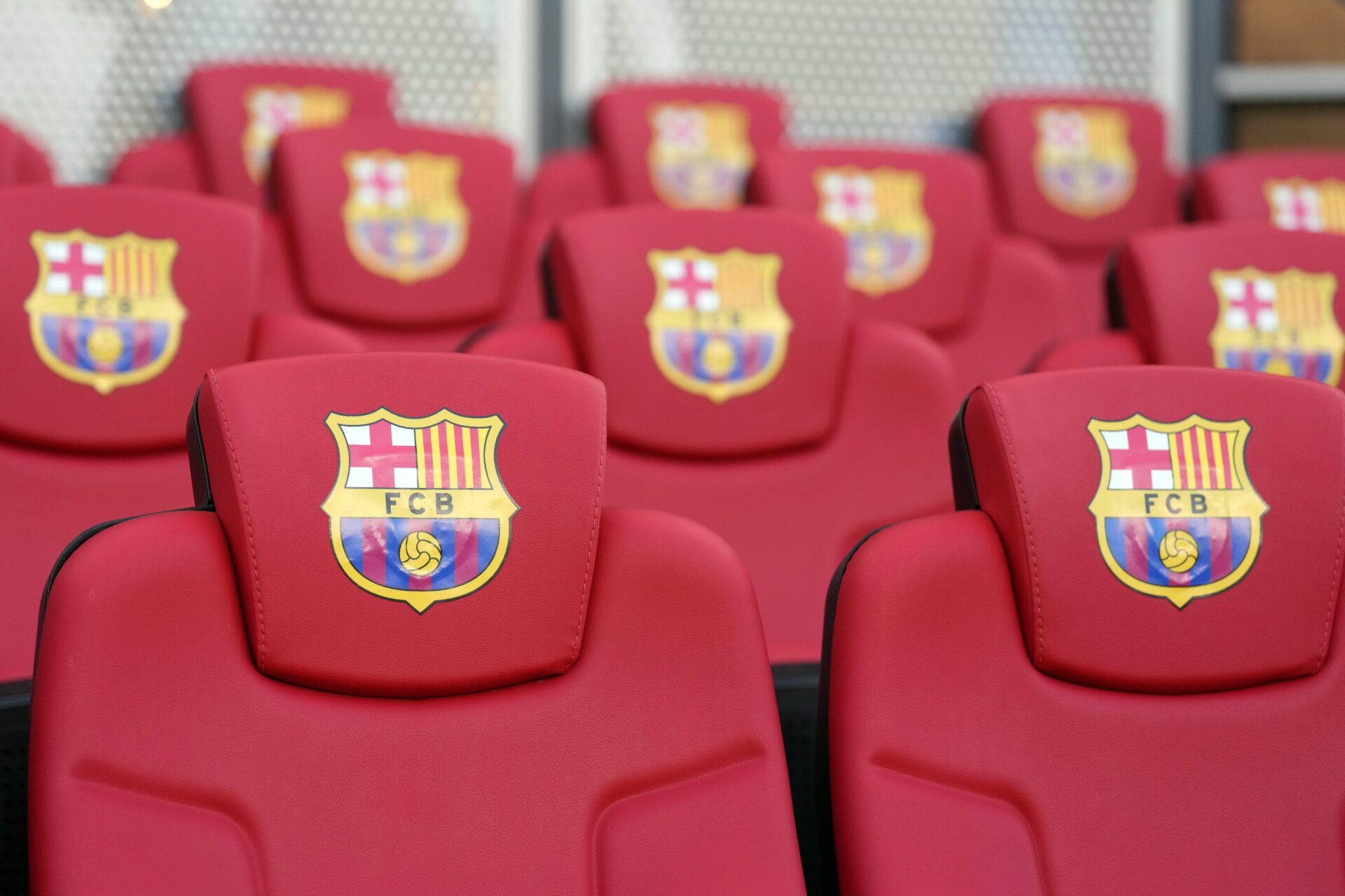 FC Barcelona logos are affixed to bench seats before the game against Bay FC at Paypal Park.