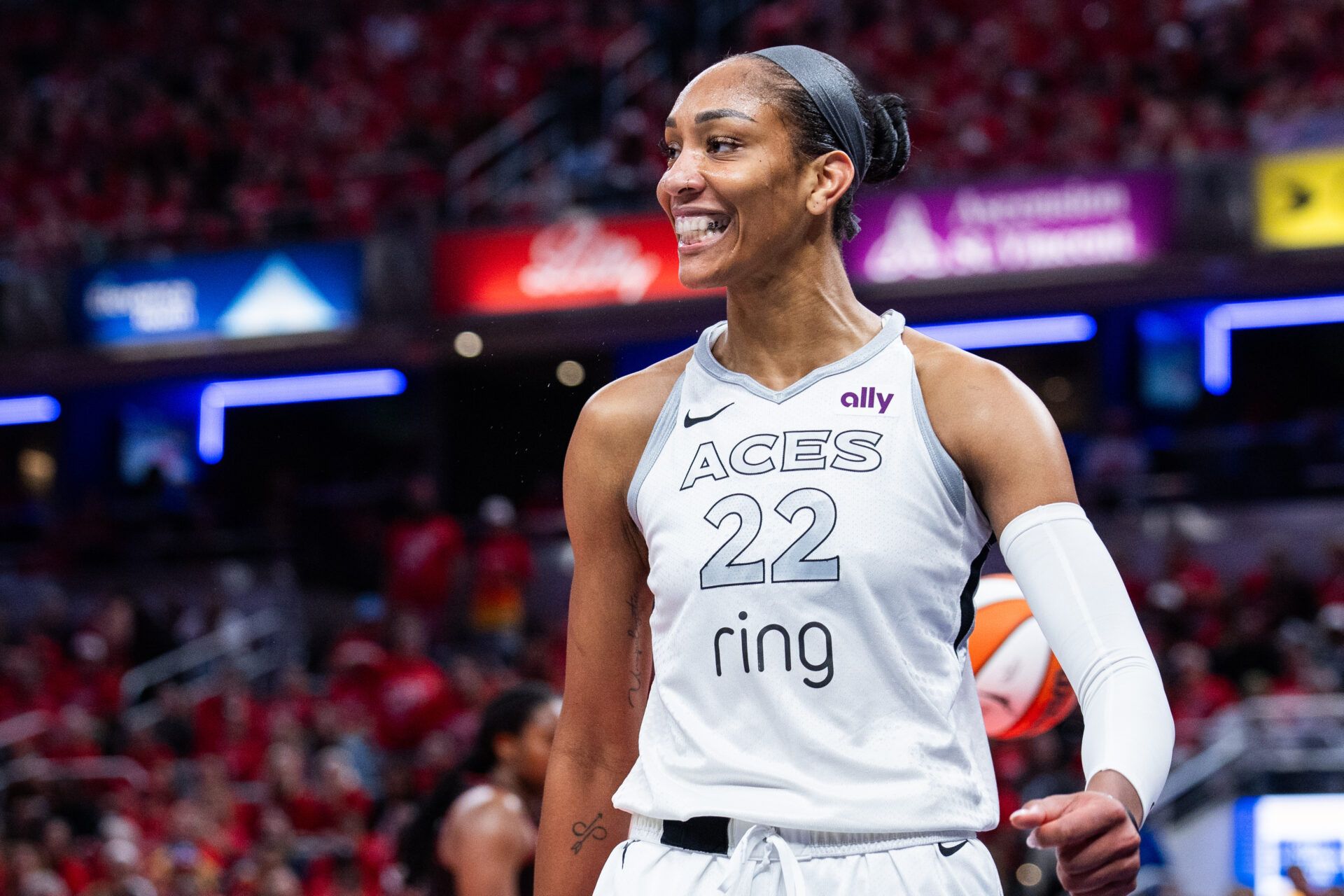 Las Vegas Aces center A'ja Wilson (22) celebrates a basket in the second half during game four against the Indiana Fever of the second round for the 2025 WNBA Playoffs at Gainbridge Fieldhouse.