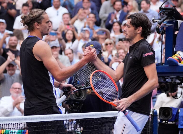 Taylor Fritz (USA) (right) after beating Alexander Zverev (GER) on day nine of the 2024 U.S. Open tennis tournament at USTA Billie Jean King National Tennis Center.