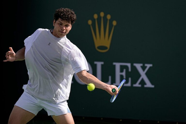 Ben Shelton practices ahead of the BNP Paribas Open main draw at the Indian Wells Tennis Garden in Indian Wells, Calif., on Tuesday, March 3, 2026.