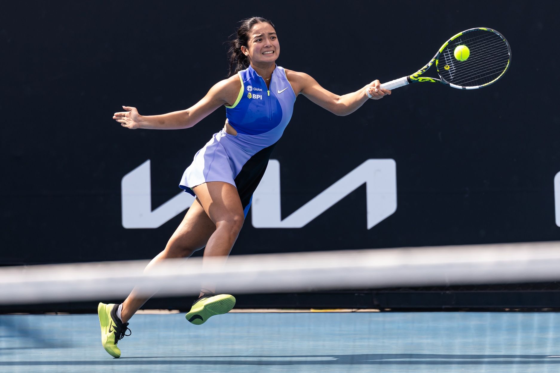 Alexandra Eala of Philippines in action against Alycia Parks of United States in the first round of the women’s singles at the Australian Open at Melbourne Park.