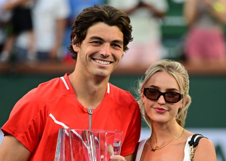 Taylor Fritz (USA) with his girlfriend Morgan Riddle after defeating Rafael Nadal (ESP) in the men’s final at the BNP Paribas Open at the Indian Wells Tennis Garden.