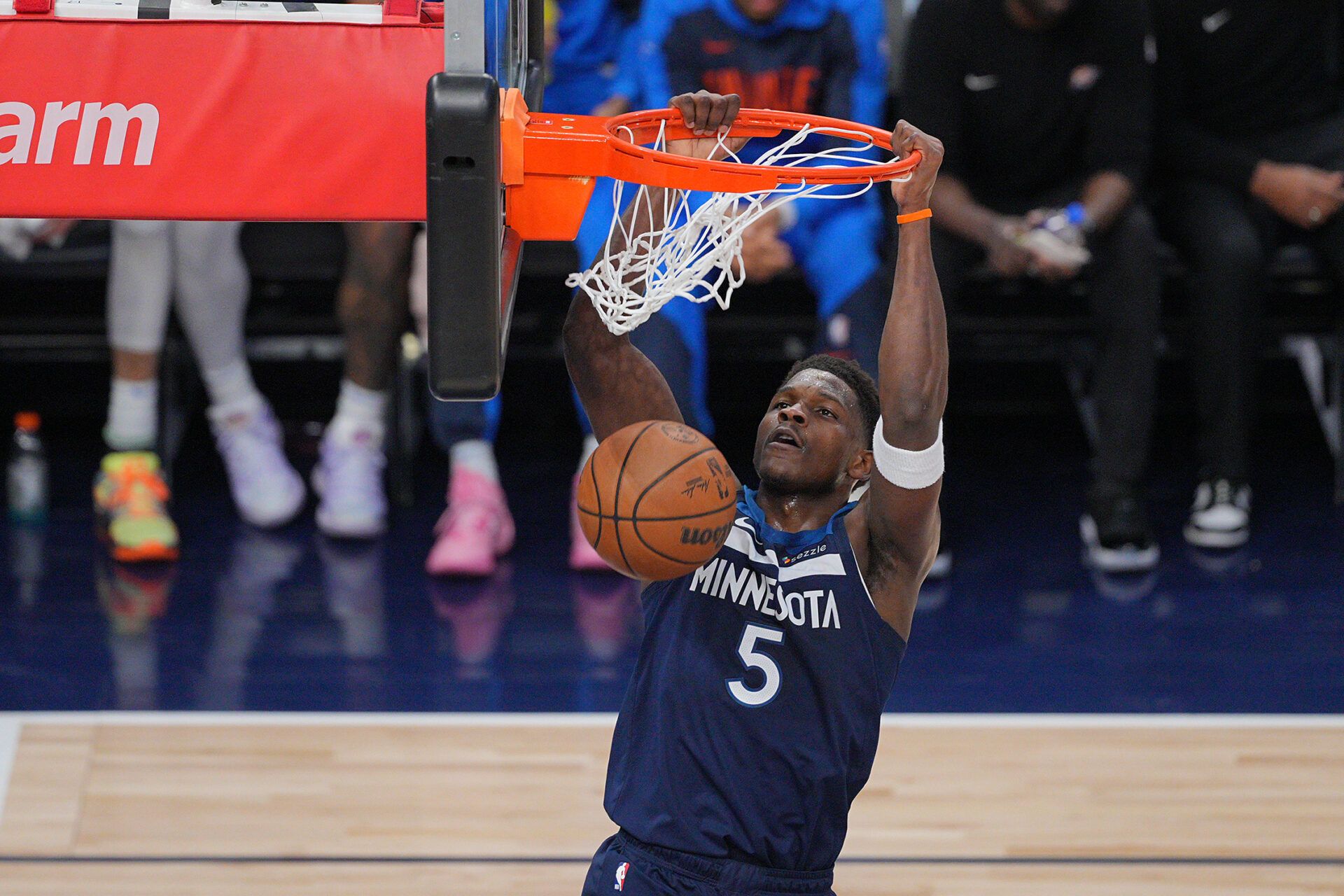 Minnesota Timberwolves guard Anthony Edwards (5) dunks the ball against the Oklahoma City Thunder during the first half in game three of the western conference finals for the 2025 NBA Playoffs at Target Center.