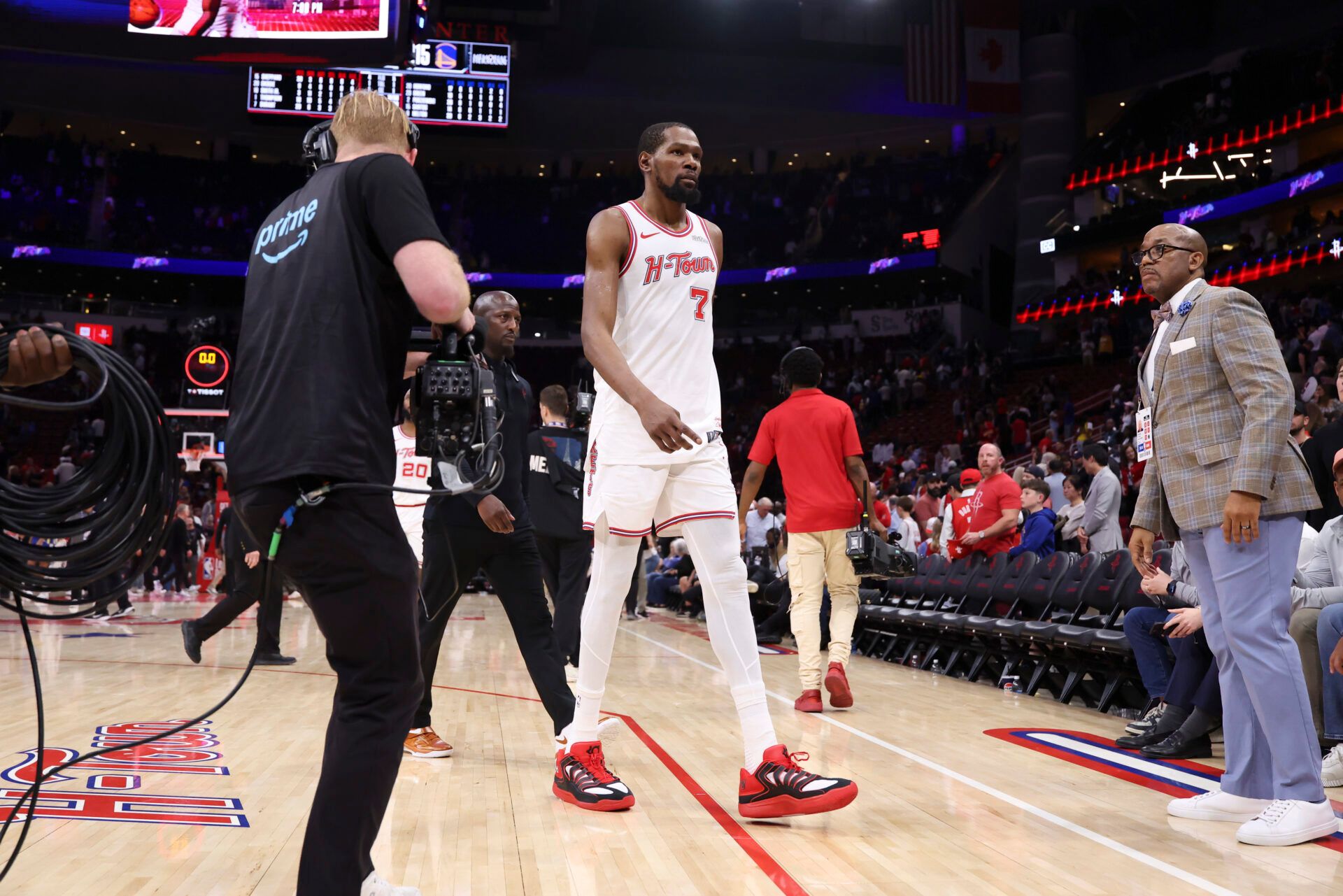 Houston Rockets forward Kevin Durant (7) walks off the court after the game against the Golden State Warriors at Toyota Center.