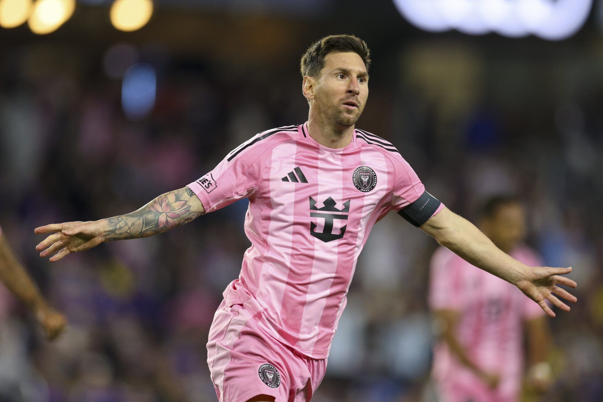 Inter Miami CF forward Lionel Messi (10) reacts after scoring a goal against Orlando City in the second half at Inter&Co Stadium.