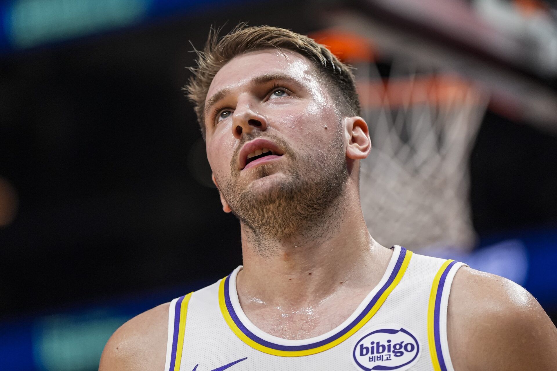 Los Angeles Lakers guard Luka Doncic (77) reacts after a call during the game against the Atlanta Hawks during the first half at State Farm Arena.