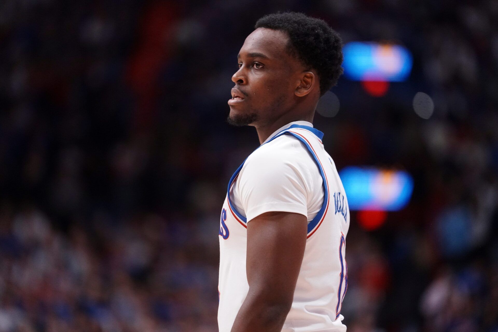 Kansas Jayhawks guard Nginyu Ngala (0) waits for an inbound pass during the game against Baylor Bears inside Allen Fieldhouse on Jan. 16, 2026.