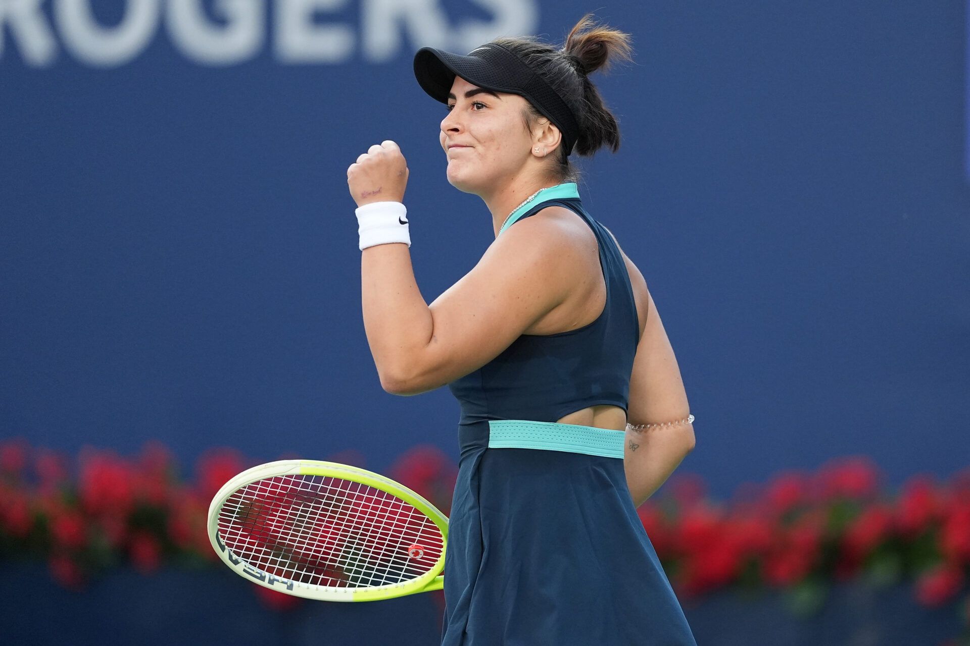 Bianca Andreescu (CAN) reacts after winning a point over Lesia Tsurenko (not pictured) during first round play at Sobeys Stadium.
