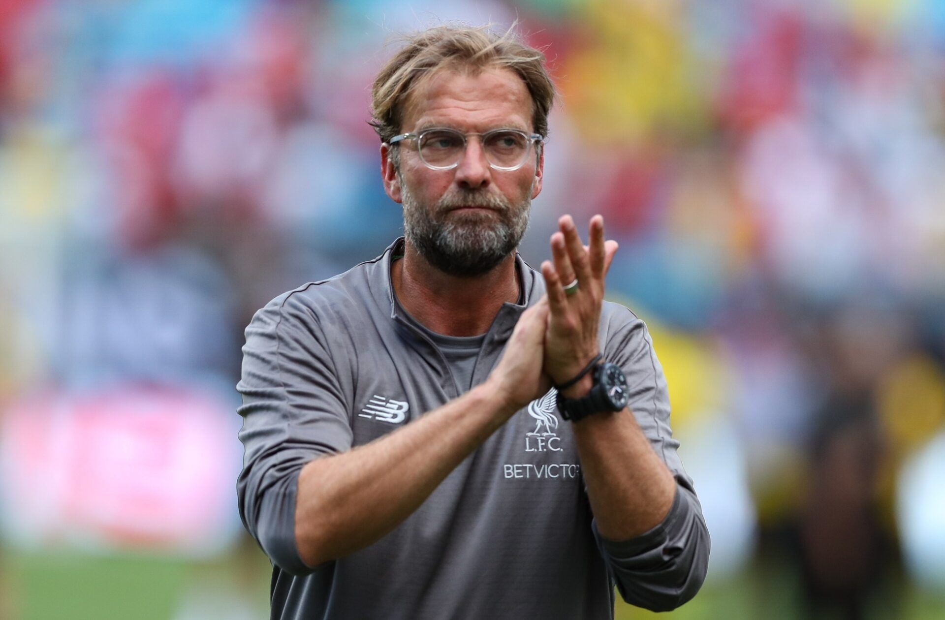 Liverpool Coach Jurgen Klopp applauds the fans after  the second half of an International Champions Cup soccer match between Liverpool and the Borussia Dortmund  at Bank of America Stadium.