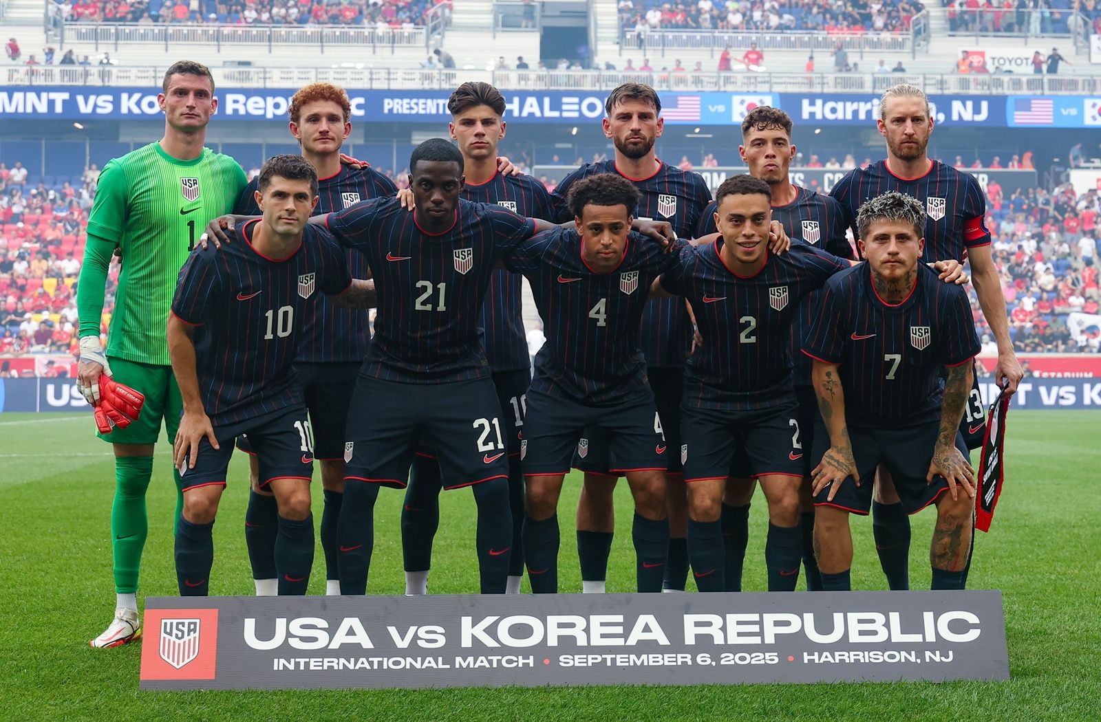 US Men's National Team starting eleven pose for a picture before a match before the match against South Korea at Sports Illustrated Stadium.