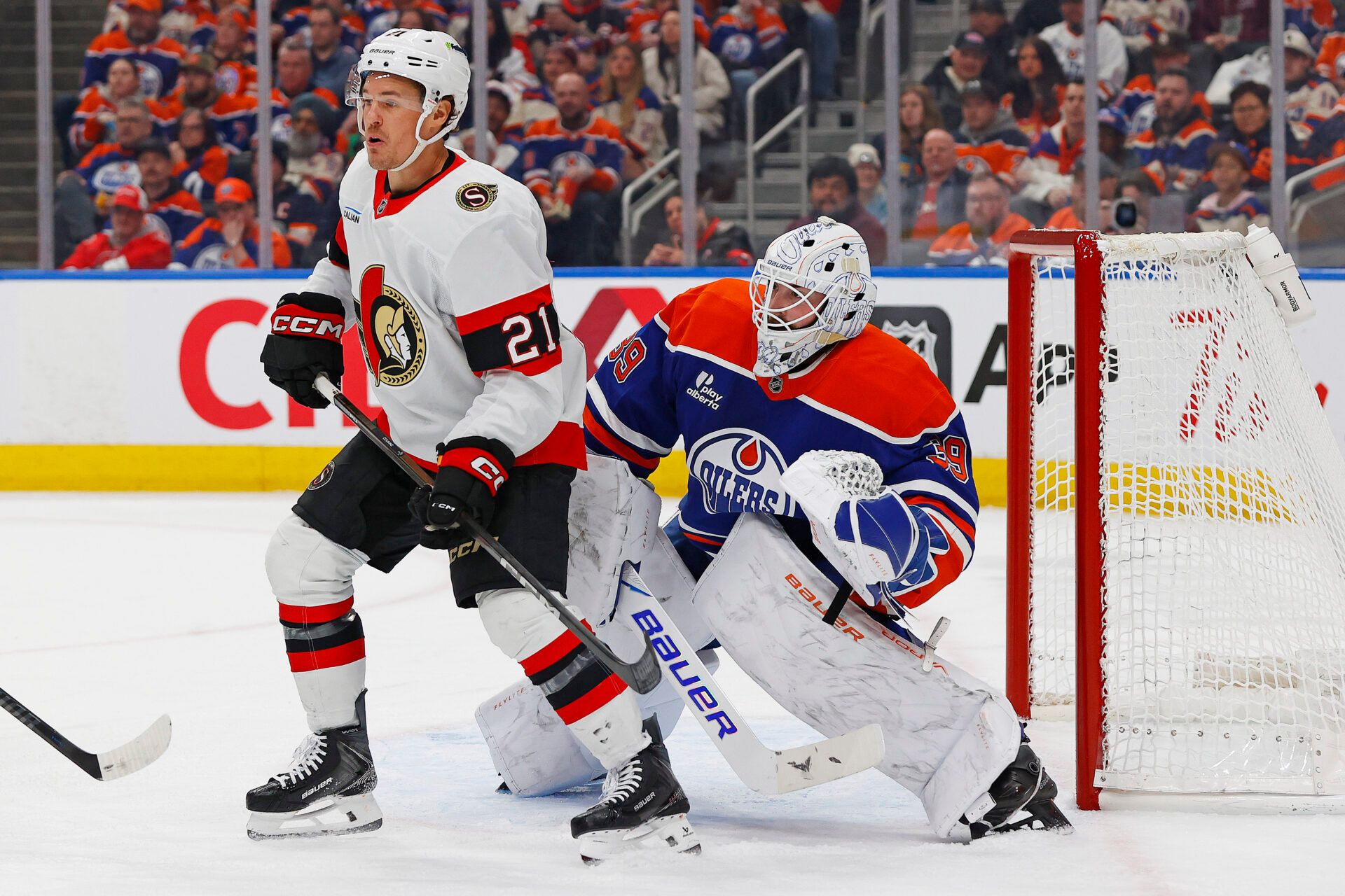 Ottawa Senators forward Nick Cousins (21) tries to screen Edmonton Oilers goaltender Connor Ingram (39) during the second period at Rogers Place.
