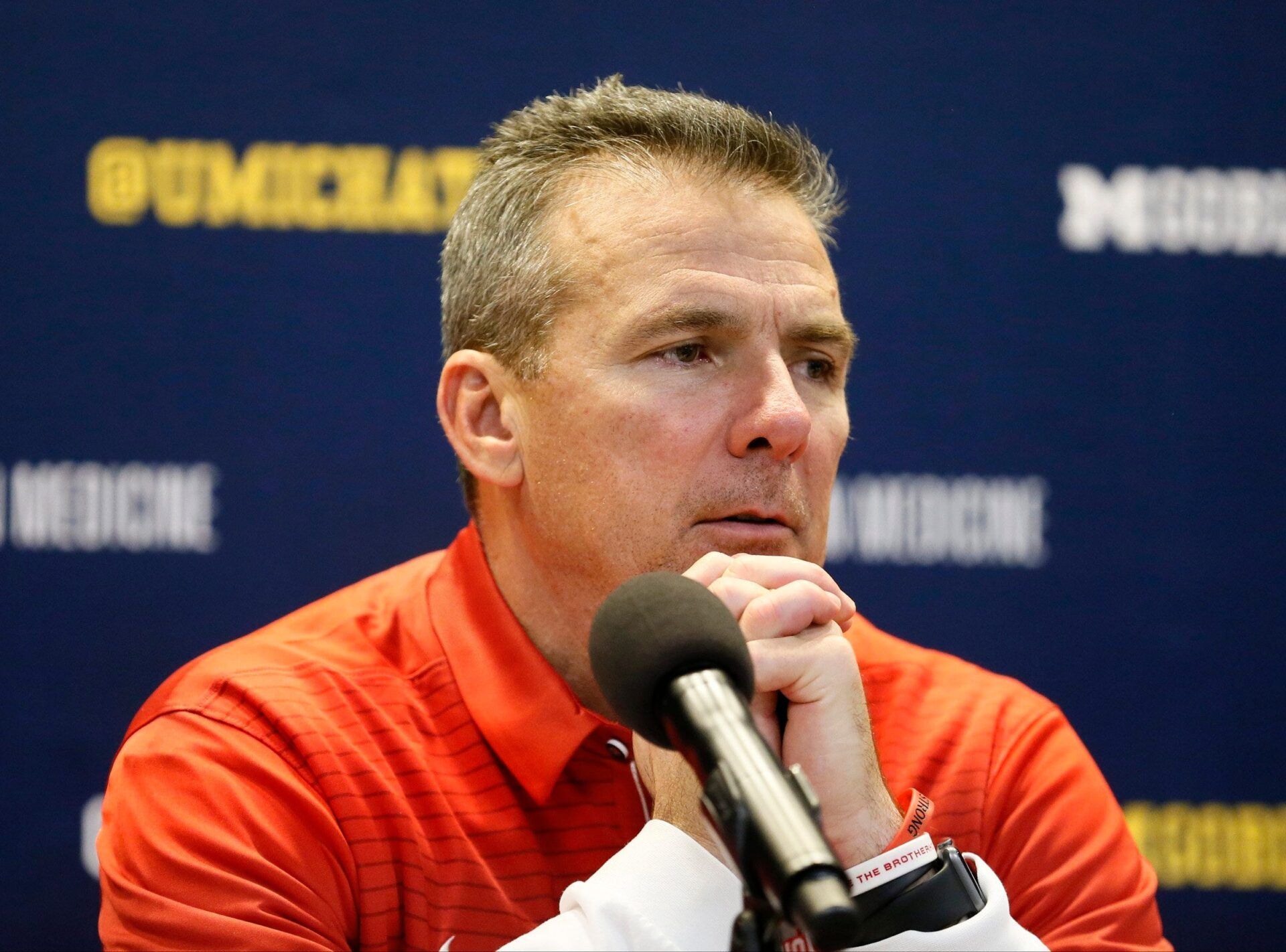 Ohio State Buckeyes head coach Urban Meyer answers questions during the post-game press conference dfllowing a 31-20 win over the Michigan Wolverines in Saturday's NCAA Division I football game at Michigan Stadium in Ann Arbor on November 25, 2017.