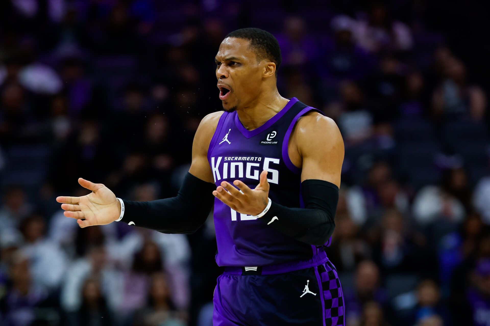 Sacramento Kings guard Russell Westbrook (18) reacts after a play during the third quarter against the Los Angeles Clippers at Golden 1 Center.