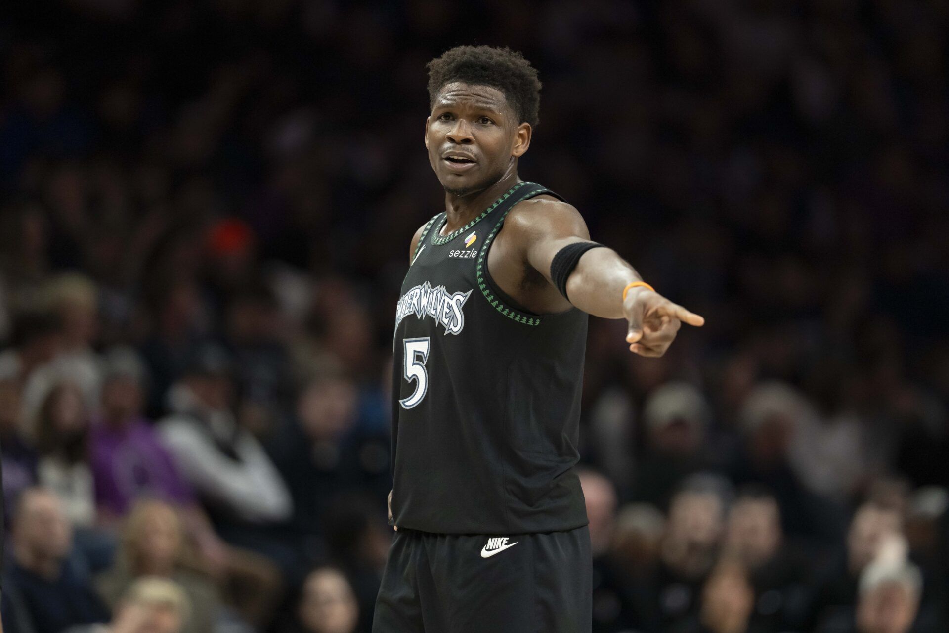 Minnesota Timberwolves guard Anthony Edwards (5) looks on during a free throws against the Toronto Raptors in the first half at Target Center.