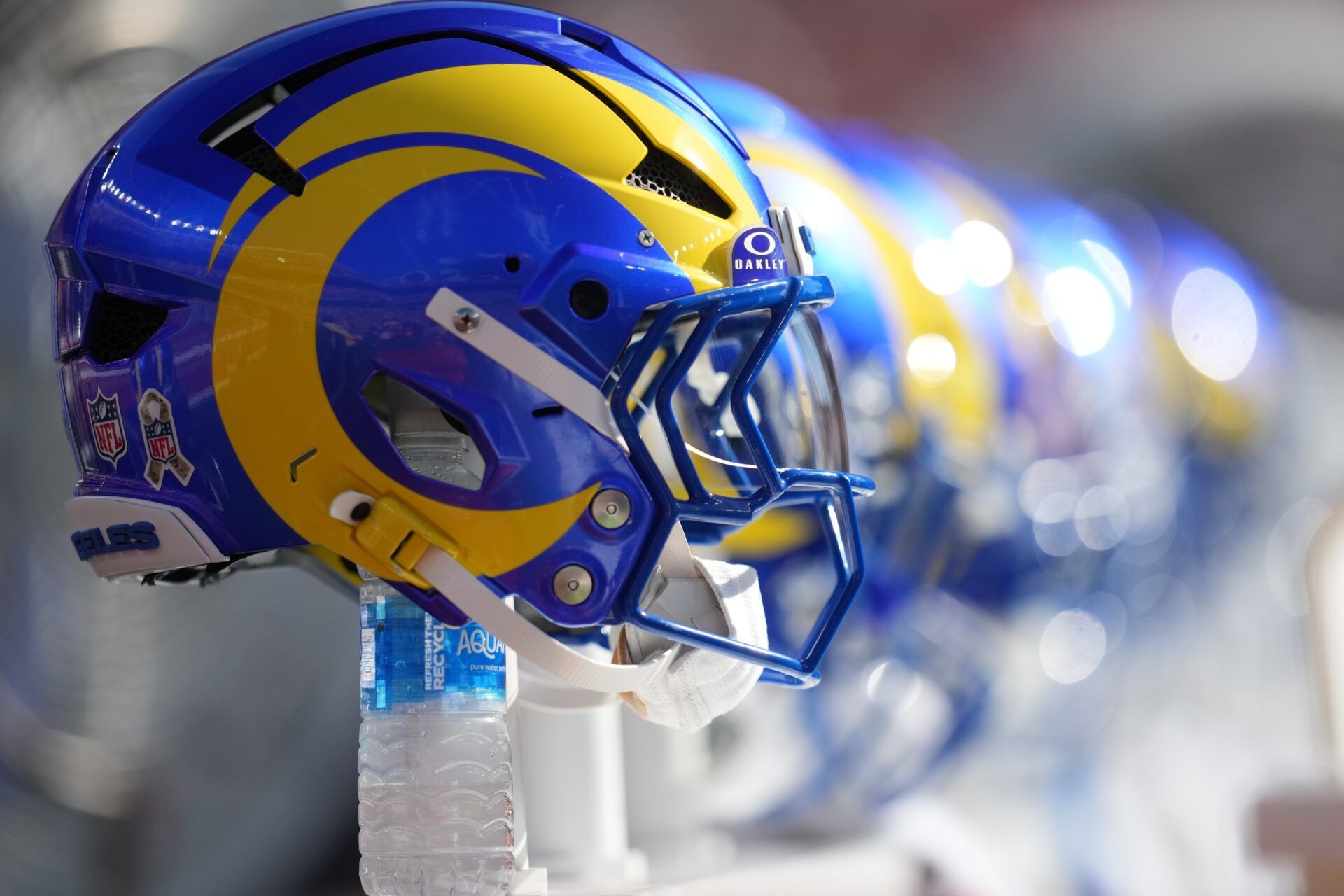 A Los Angeles Rams helmet is seen on the sideline prior to the game against the San Francisco 49ers at Levi's Stadium.