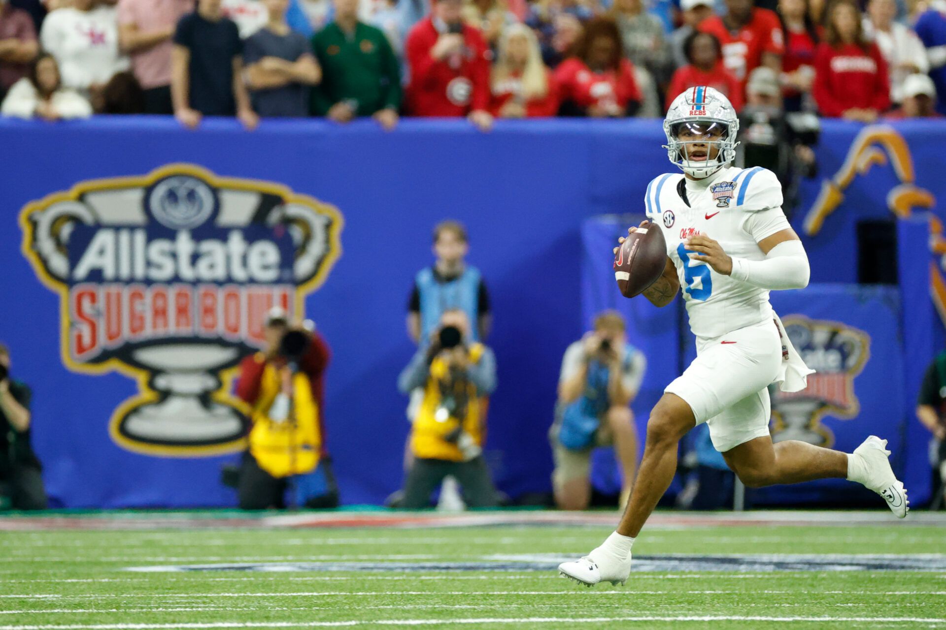 Mississippi Rebels quarterback Trinidad Chambliss (6) looks to pass the ball against the Georgia Bulldogs in the first quarter during the 2026 Sugar Bowl and quarterfinal game of the College Football Playoff at Caesars Superdome.