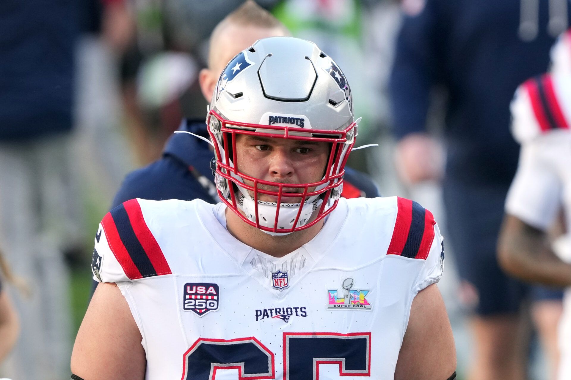 New England Patriots center Garrett Bradbury (65) before Super Bowl LX against the Seattle Seahawks at Levi's Stadium.